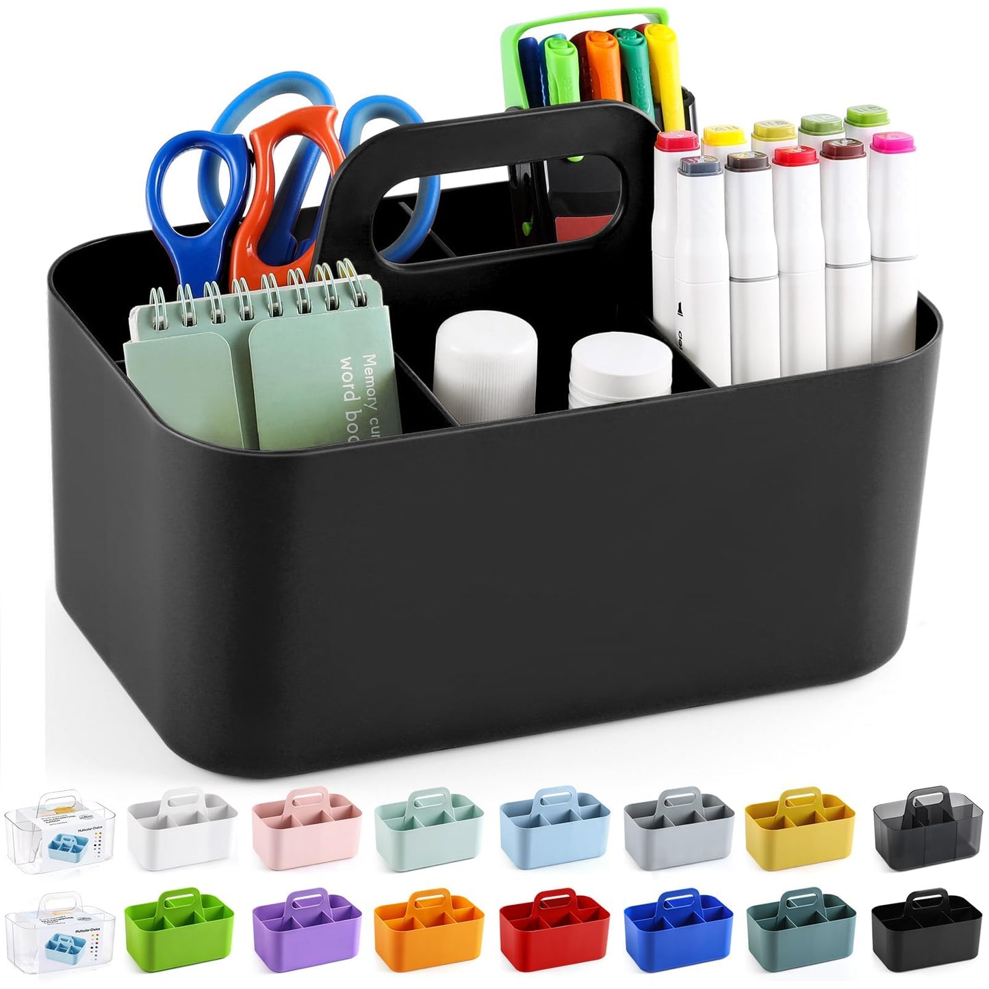 Multiuse Caddy Organizer with Handle, Portable Divided Plastic Tote Bin - Art Craft, Stationary Pen Marker Crayons, Makeup Hair Supplies Storage - Bathroom, Classroom, Dorm, Office, Desk Holder -Black