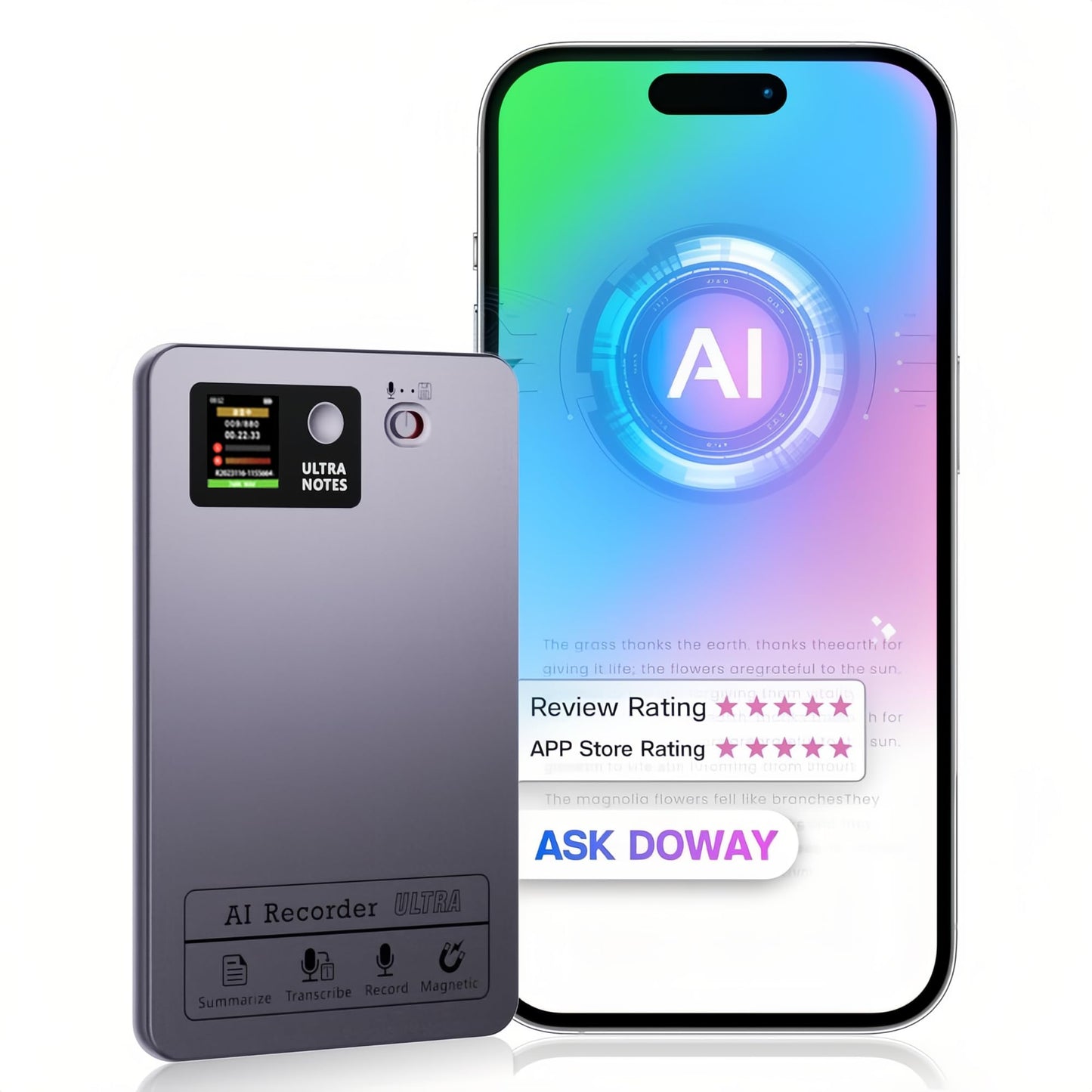 Pocket Digital AI Voice Recorder - AI Note Taking Device, Note Taker Smart Recorder for Lectures, Noise Reduction, Supports 152 Languages, APP Control, 64GB Small Audio Recorders with Transcription