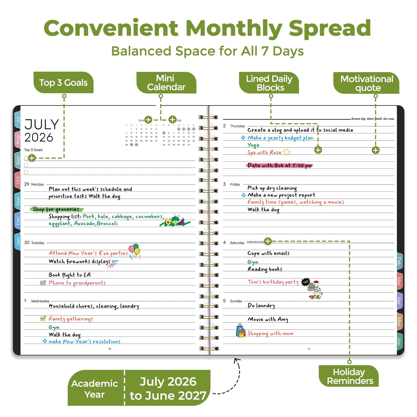 Vinspire 2026 Planner - Yearly, Monthly, and Weekly Planner 2026-2027 for Teachers & Students - Spiral US Academic Year Student Calendar Planners with Notes Pages 2026 Planner Weekly and Monthly - Large (Black, 8.5"×11")