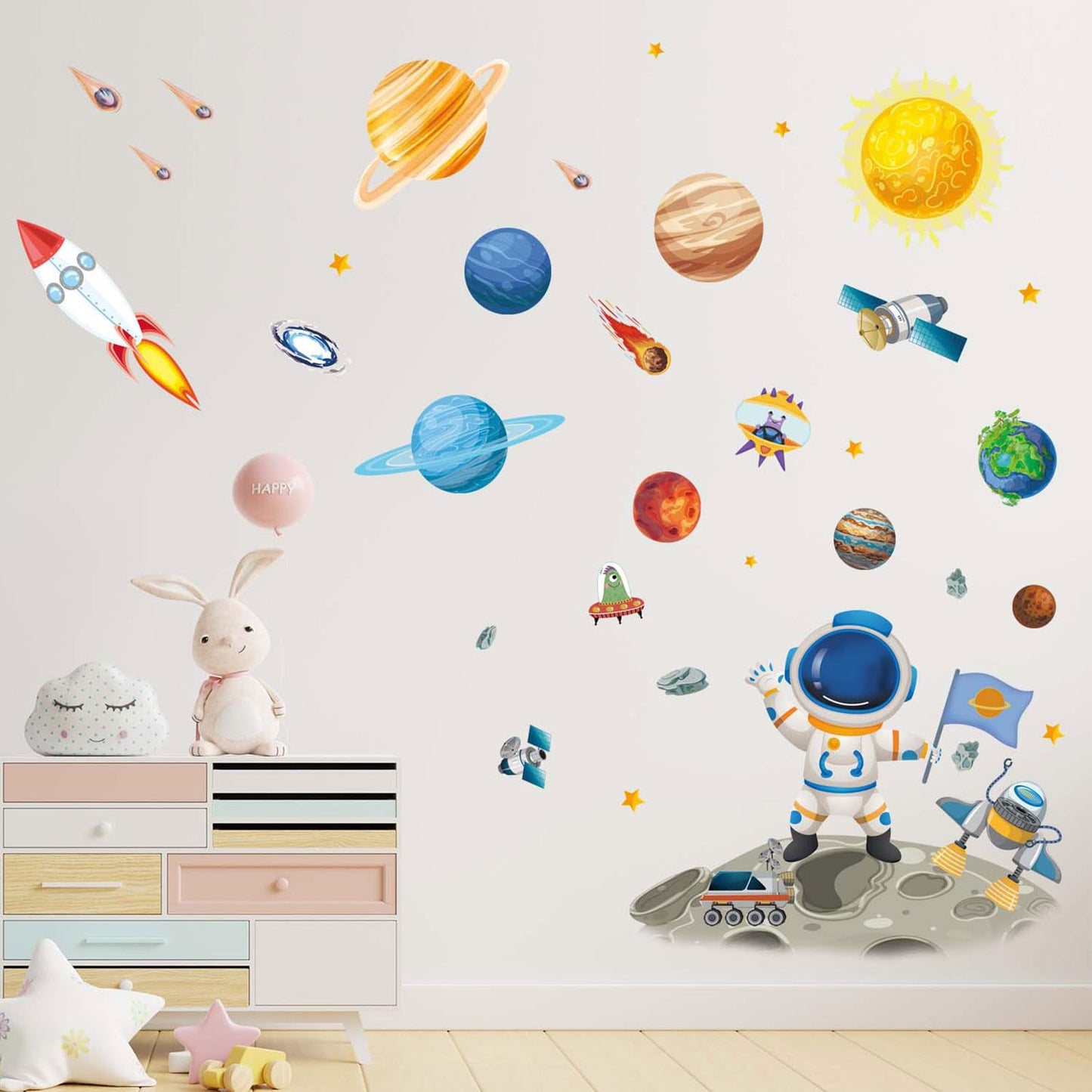 Amimagen Outer Space Astronaut Wall Stickers - Planets Rocket Boys Wall Decals - Baby Nursery Kids Room Daycare Playroom Classroom Wall Decor