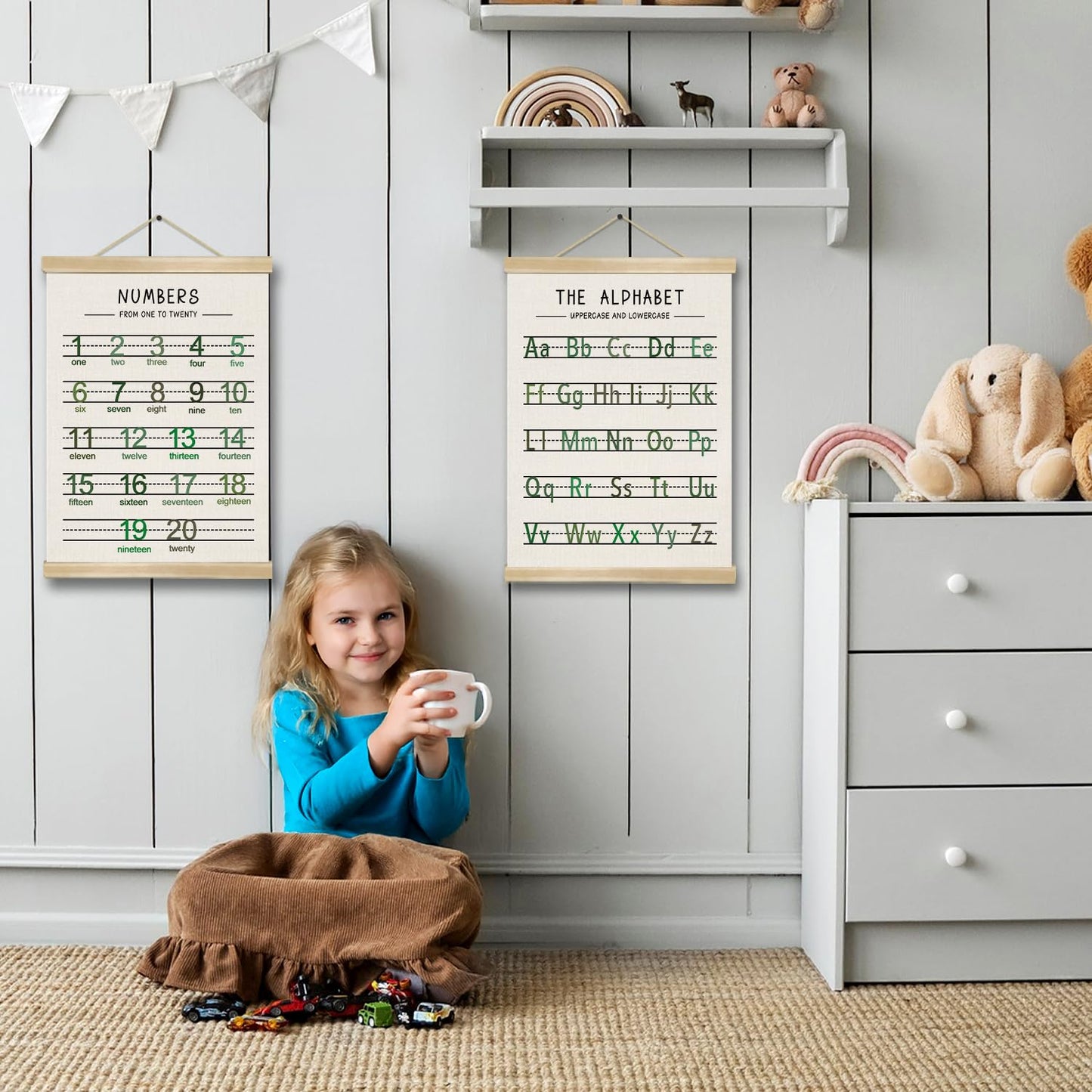 Alphabet and Numbers Wall Chart Set of 2 ,Toddler Educational Posters,ABC and 1-20 Number Learning Banners for Toddlers, Preschool Classroom, Homeschool, Nursery, Playroom Decor 14 x 18.5 Inch(Green)