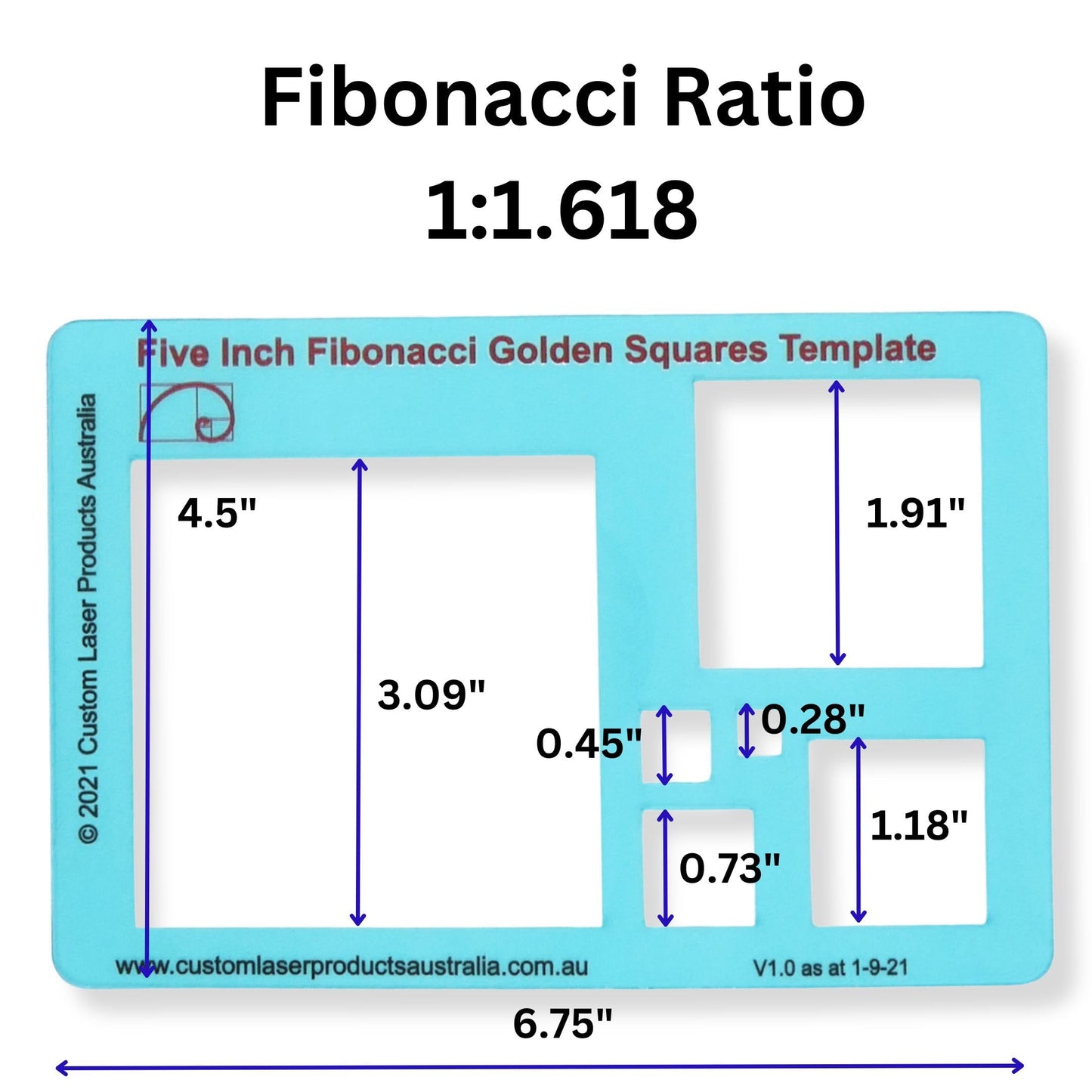 5" Square Stencil Template — Golden Ratio Tool for Drawing — Fibonacci Template — Geometric Stencil for Art, Drafting and Quilting — Clear PETG — Made in Australia
