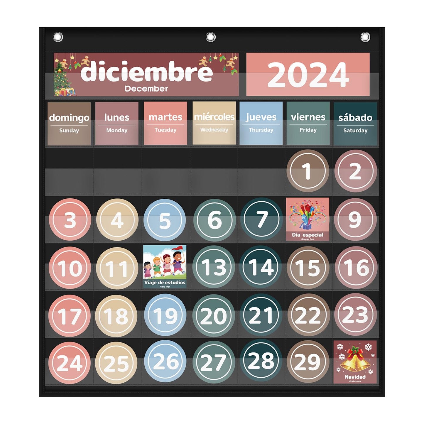 Monthly Calendar Pocket Chart for Classroom, Printed Days of The Week with Cards, Learning for Home or Kindergarten, Teacher Must Have Supplies That Fits Any School Décor (Spanish Black)