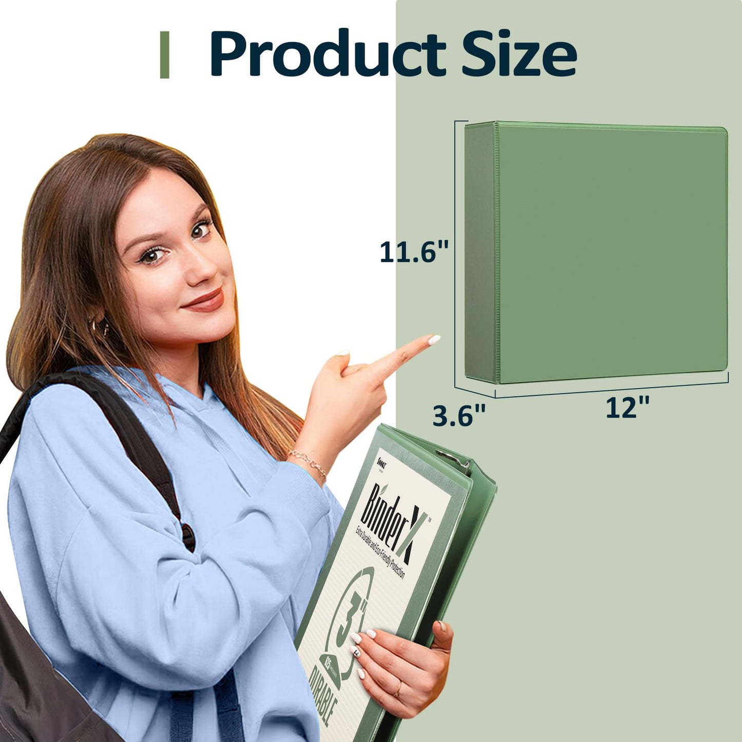 Sooez BinderX Extra Durable 3 Inch 3 Ring Binder, D-Ring Large Binder, Holds 670 Sheets of 8.5x11 Paper, Customizable View Cover with Inside Pockets, Heavy Duty 3 Ring Binder for School, Olive Green