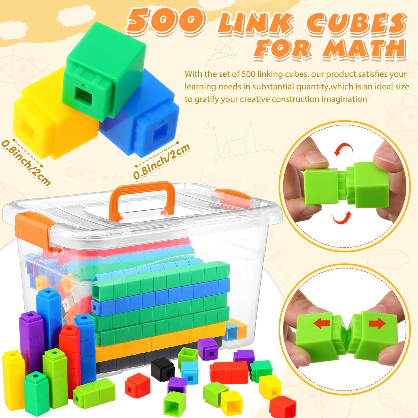 Jenaai 500 Pcs Math Learning Linking Cube with Storage Container Counting Cubes, Colorful Plastic Counting Blocks, Manipulatives Classroom Learning Supplies for Educational(Yellow)