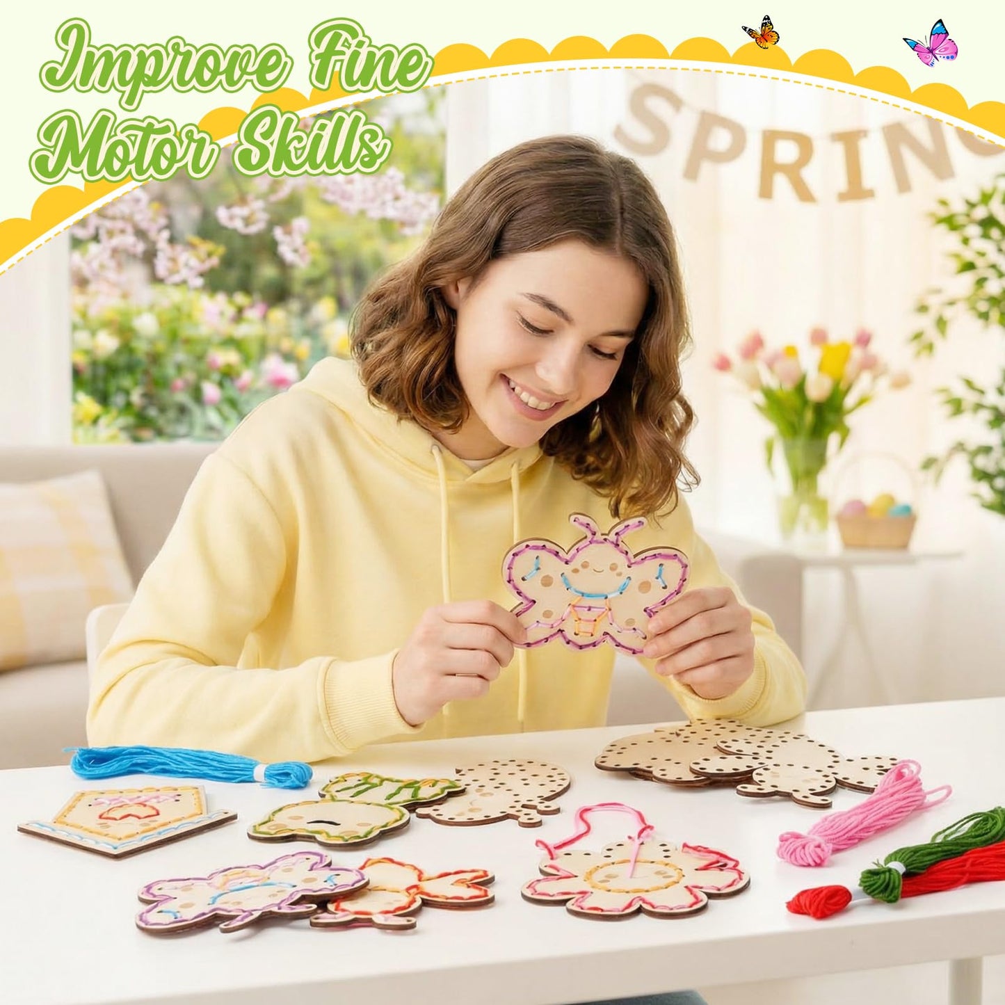 Capoda 18 Pcs Kids Lacing Cards Spring Educational Threading Toy for Kid Wooden Lacing Card Toys with Colorful Threads for Toddler Develop Imagination Early Education Learning Activity(Spring)