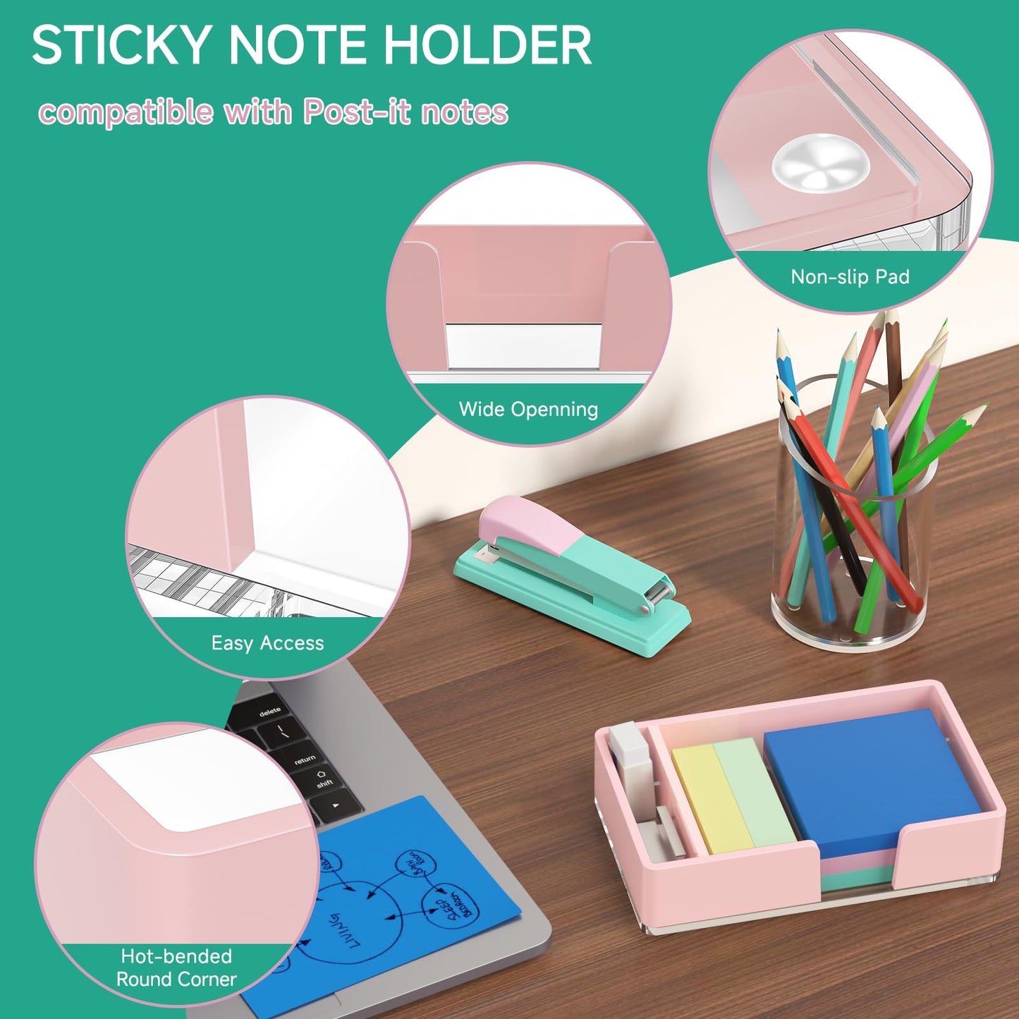 Kucle Sticky Note Holder with Pen Slot, Pink Acrylic Notepad Holder 4x6 in Self-Stick Note Dispenser Office Desk Accessories, Memo Pad Holder Organizer for Classroom School Supplies