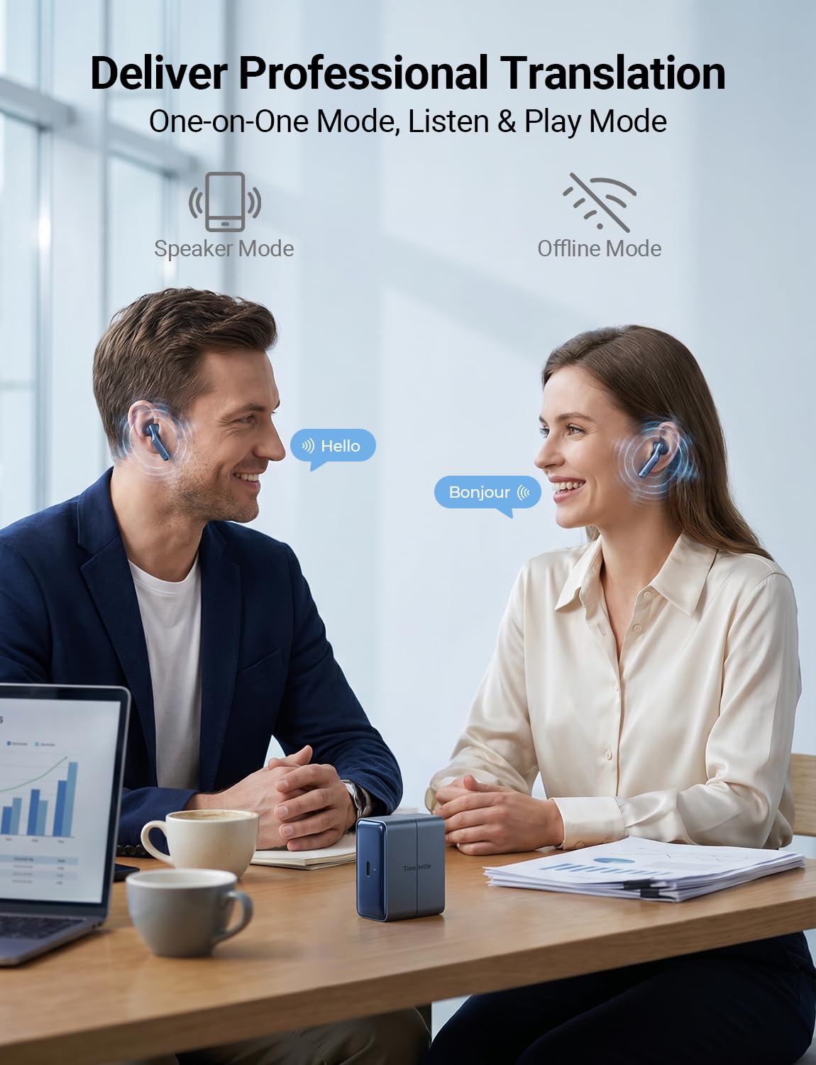 Timekettle W4 Translation Earbuds,Bone-Voiceprint Sensor for Clear Voice in Noise, AI Translator Correction,Protected Privacy with GDPR,Bluetooth,iOS/Android APP for Business & Relationships Blue
