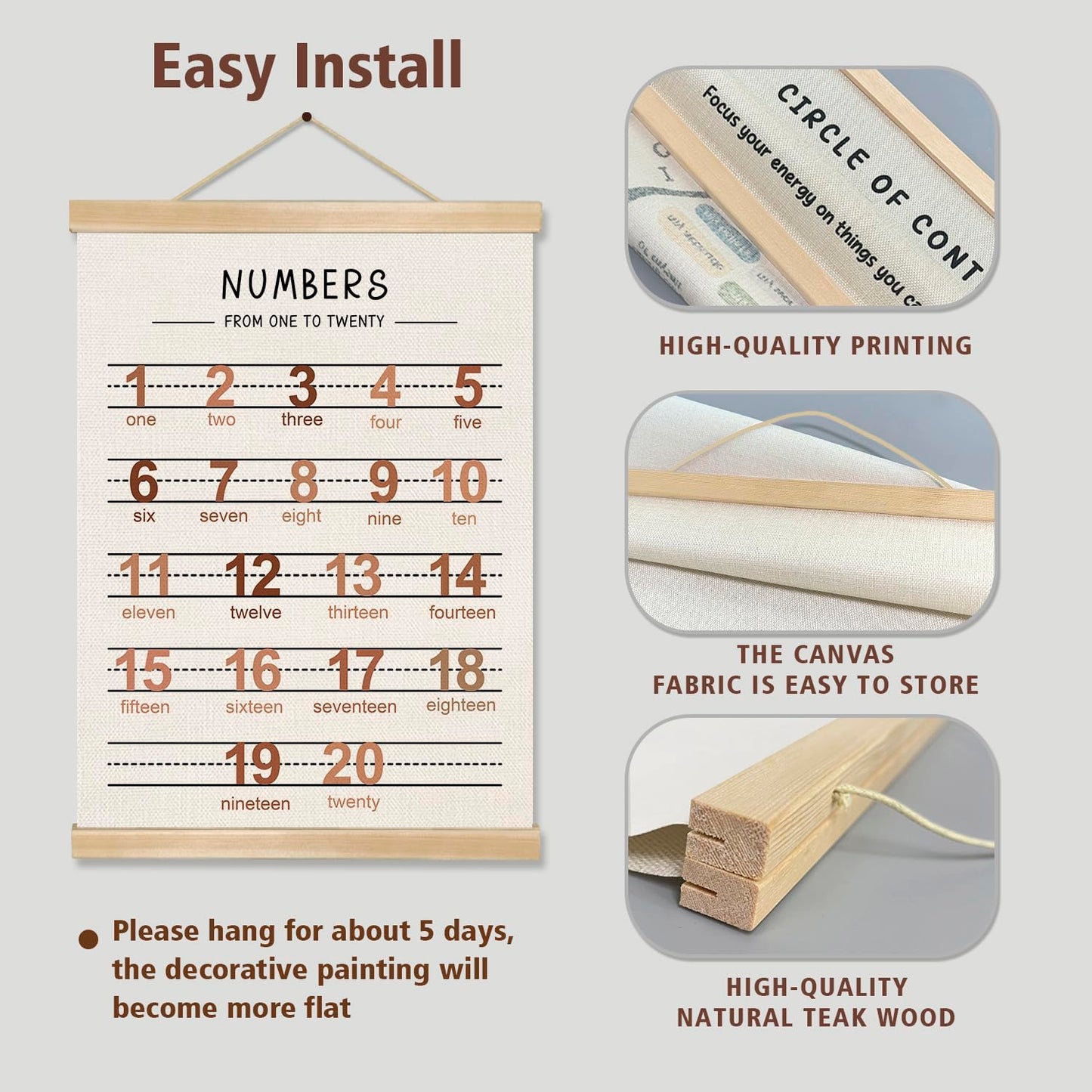 Alphabet and Numbers Wall Chart Set of 2 ,Nursery Educational Canvas Posters,Alphabet and 1-20 Number Learning Banners for Toddlers, Preschool Classroom, Homeschool, Playroom,Kids Room Decor 14 x 18.5 Inch (Brown)