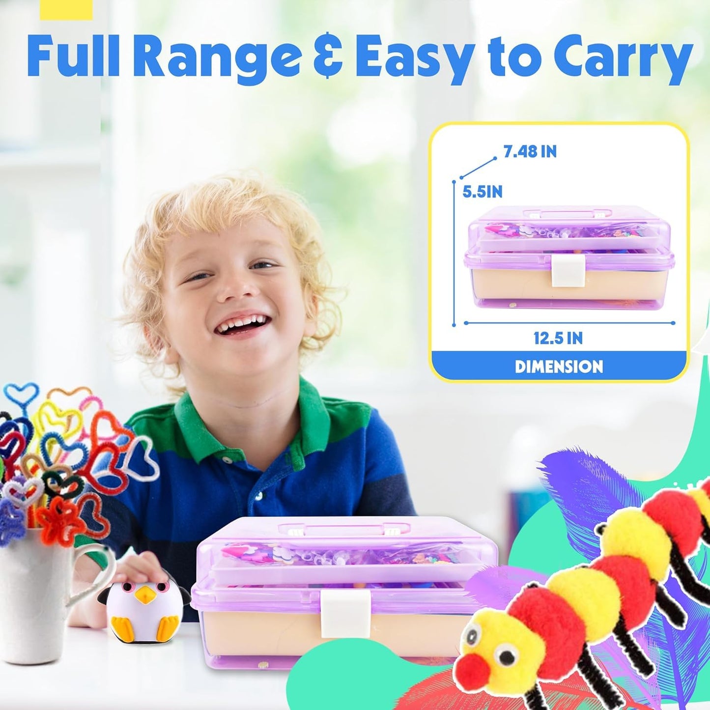 SMILESSKIDDO Arts Craft Supplies for Kids - 1000+ PCS Toddler DIY Craft Art Supply Set, Portable 3 Layered Folding Storage Box School Craft Projects - Gifts for Girls Crafts for Girls Ages 4-8 8-12