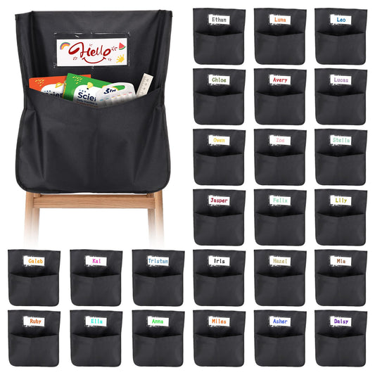 24 Pack Chair Pockets for Classrooms, 16.5"x19.5" Heavy-Duty 600D Oxford Black Chair Back Organizers with Name Tags Seat Sacks for Back to School Teacher Essentials & Kindergarten & 3rd Grade Suppiles