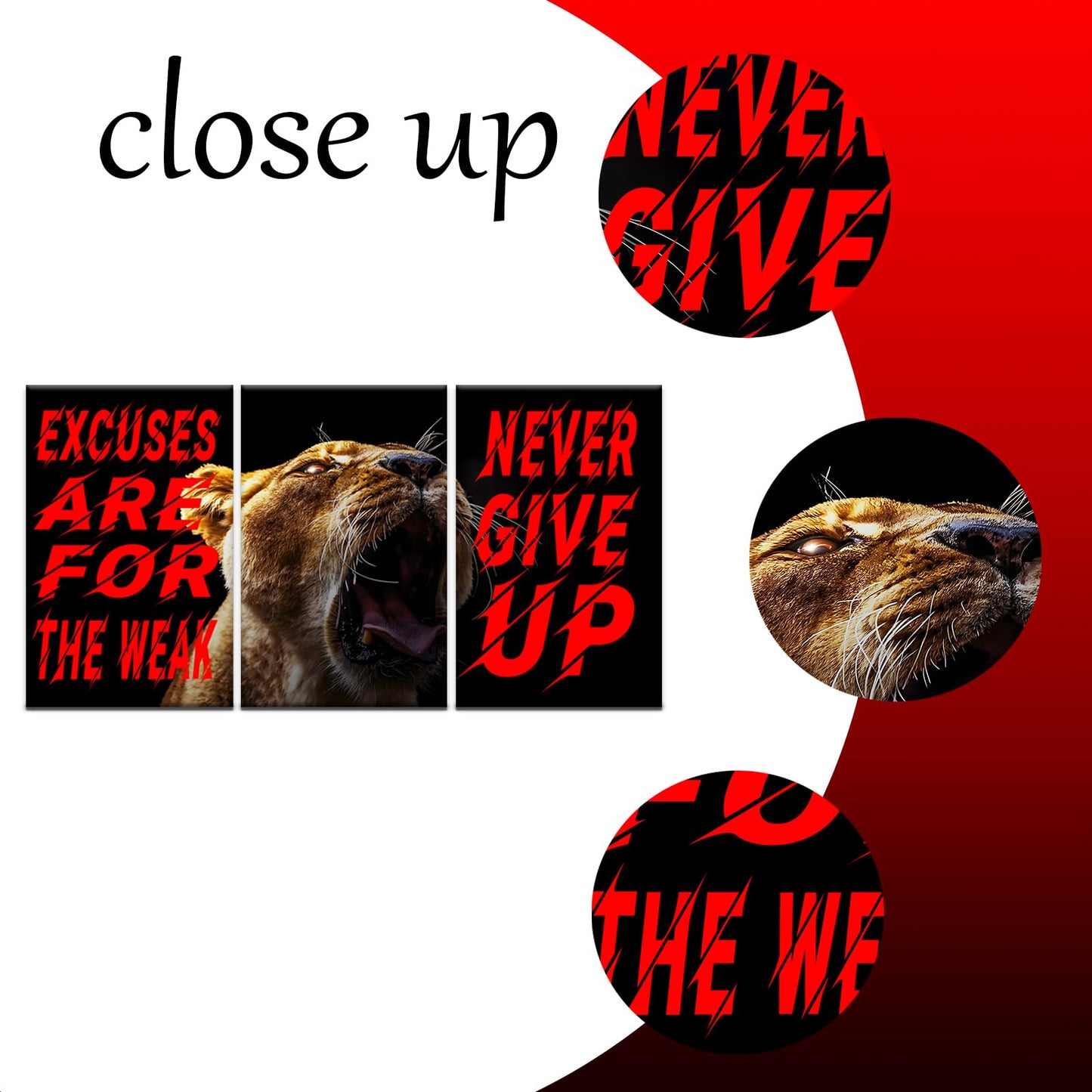 YSPCSUN Triptych Wall Decor Inspirational Posters for Office, Roaring Lion Excuses Quote 3 Panel Canvas Prints for Home Office Dorm Gym Room, 48x24 Inch Display Print Decor