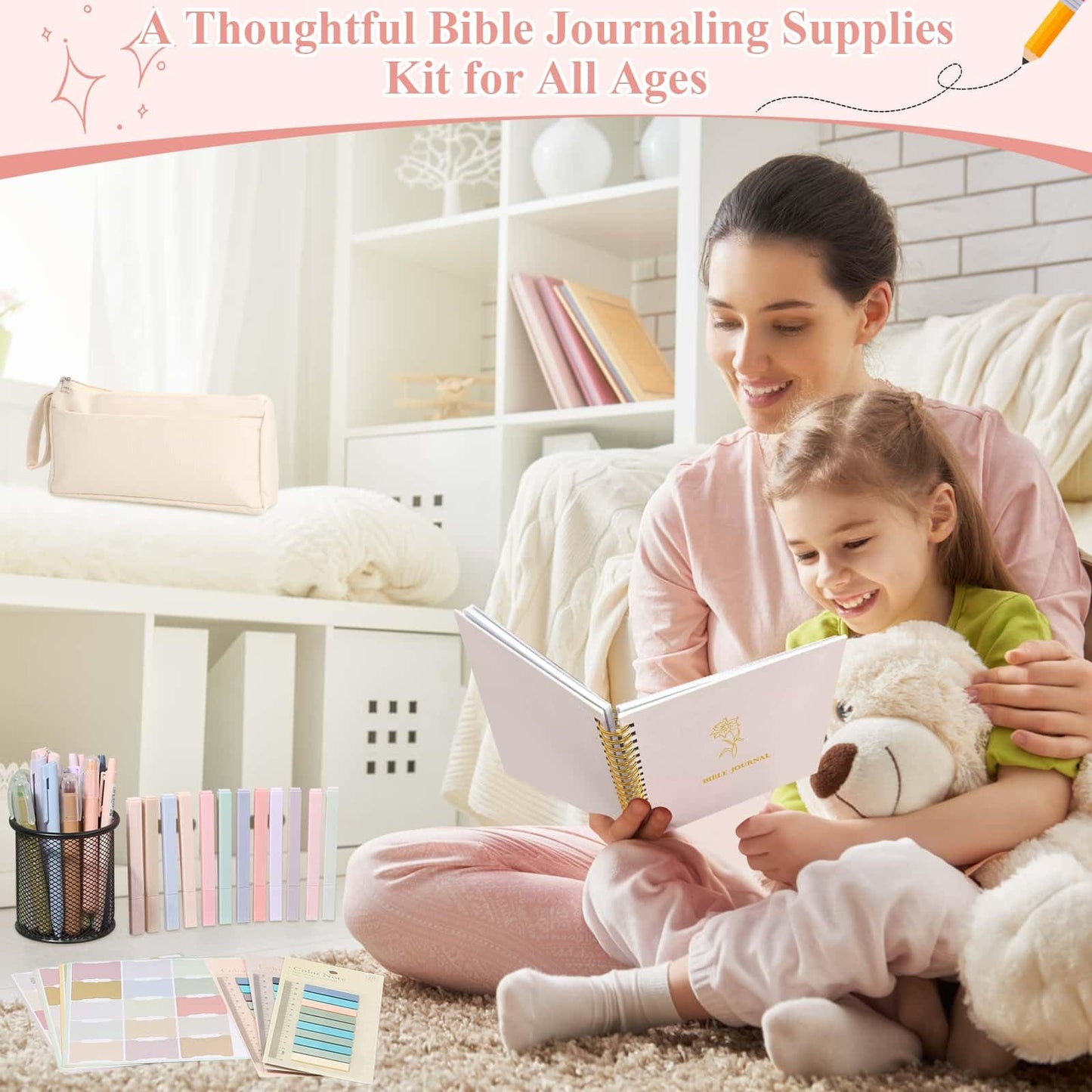 Flasoo 106 Pack Bible Study Supplies Journaling Kit for Women, Church Journal Note Taking Annotation Kit, Tabs and Highlighters Set with Pencil Case and More Bible Accessories Christian Gift