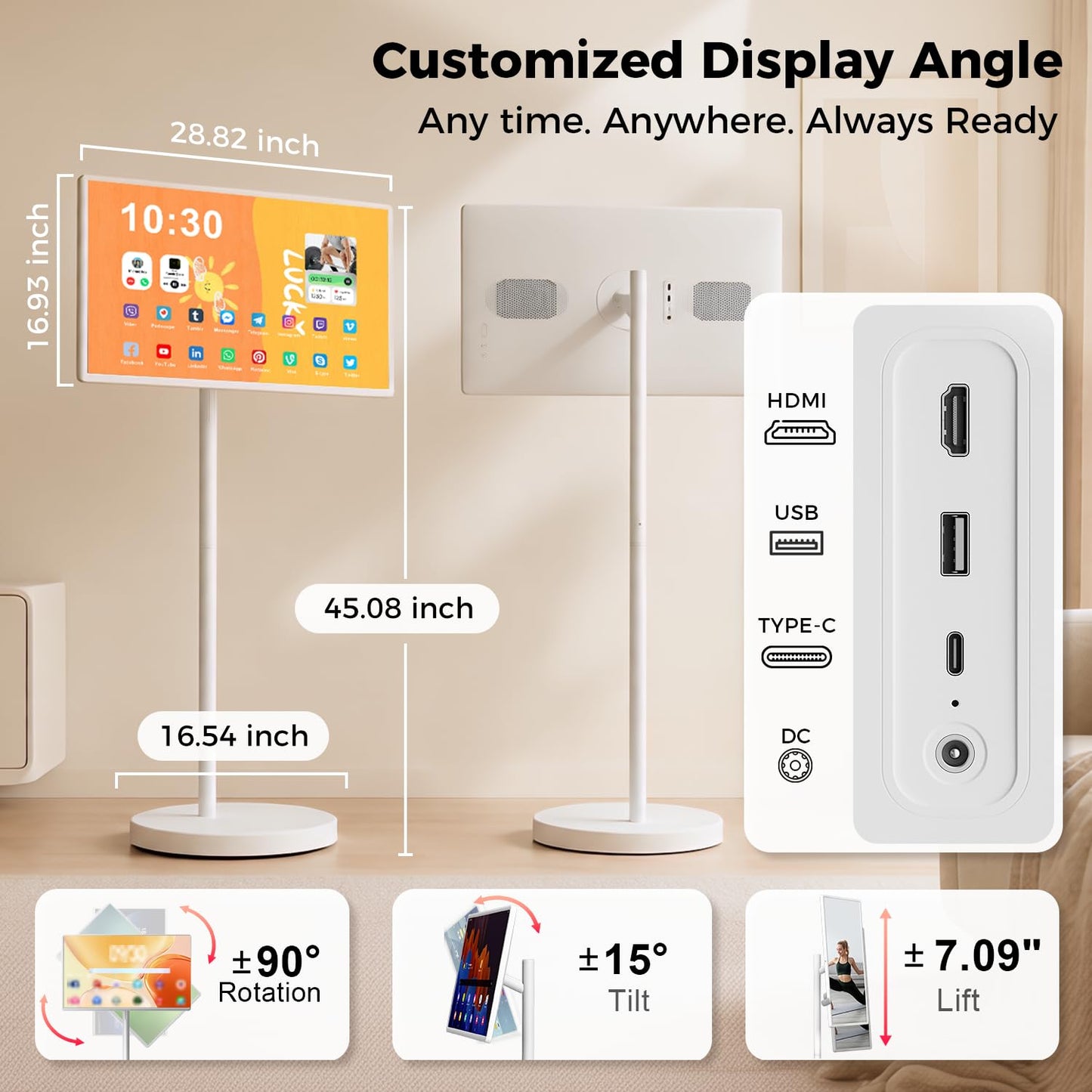 32 Inch Smart Portable TV, FHD Touch Screen Rolling Monitor on Wheels, Android 15 8GB +128GB, Wireless Tablet Display with Camera, 20W Speaker, EDLA-Certified 38,400 mAh Battery Voice Airmouse Remote