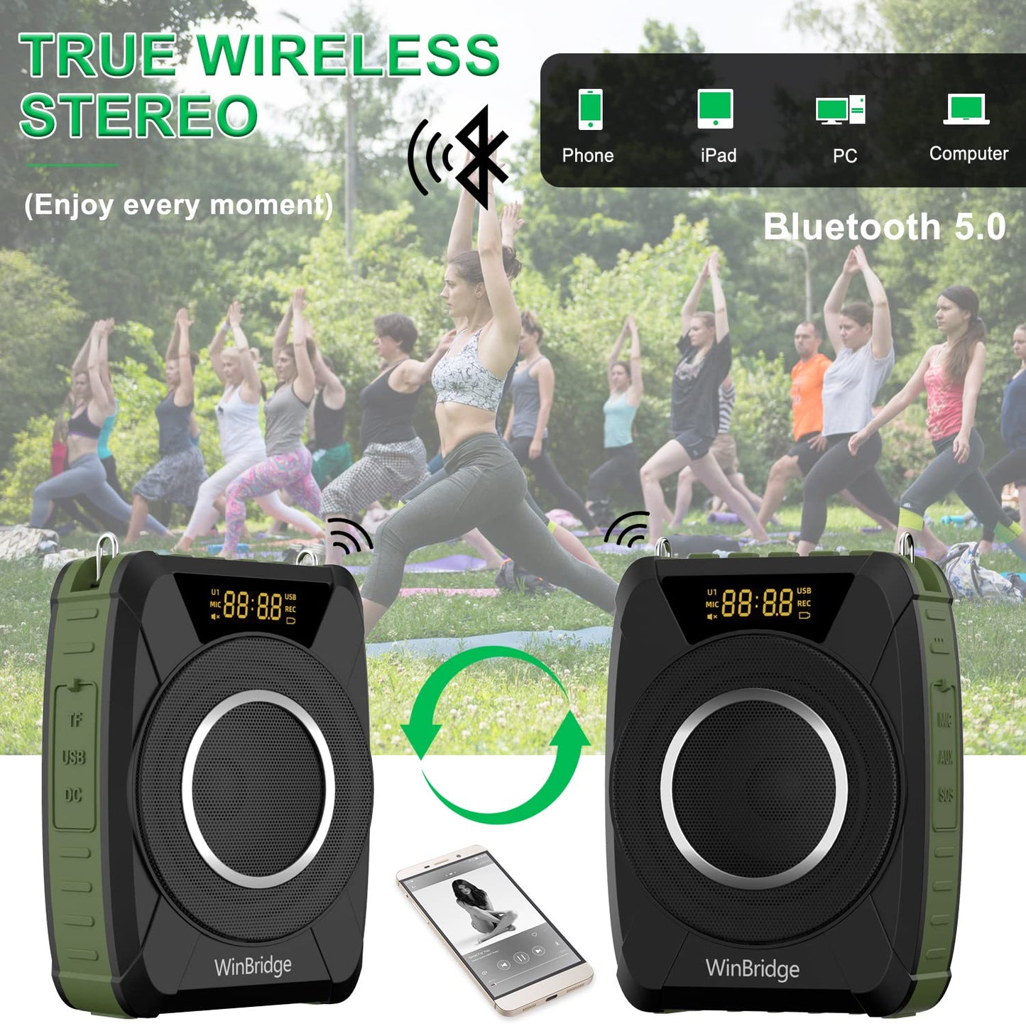 Bluetooth 5.0 Voice Amplifier with Wireless Mic Headset, Waterproof Personal Microphone Wireless Voice Amplifier, 20W Loudly Portable Megaphone PA System for Teachers, Safety Drills, Outdoors Indoors