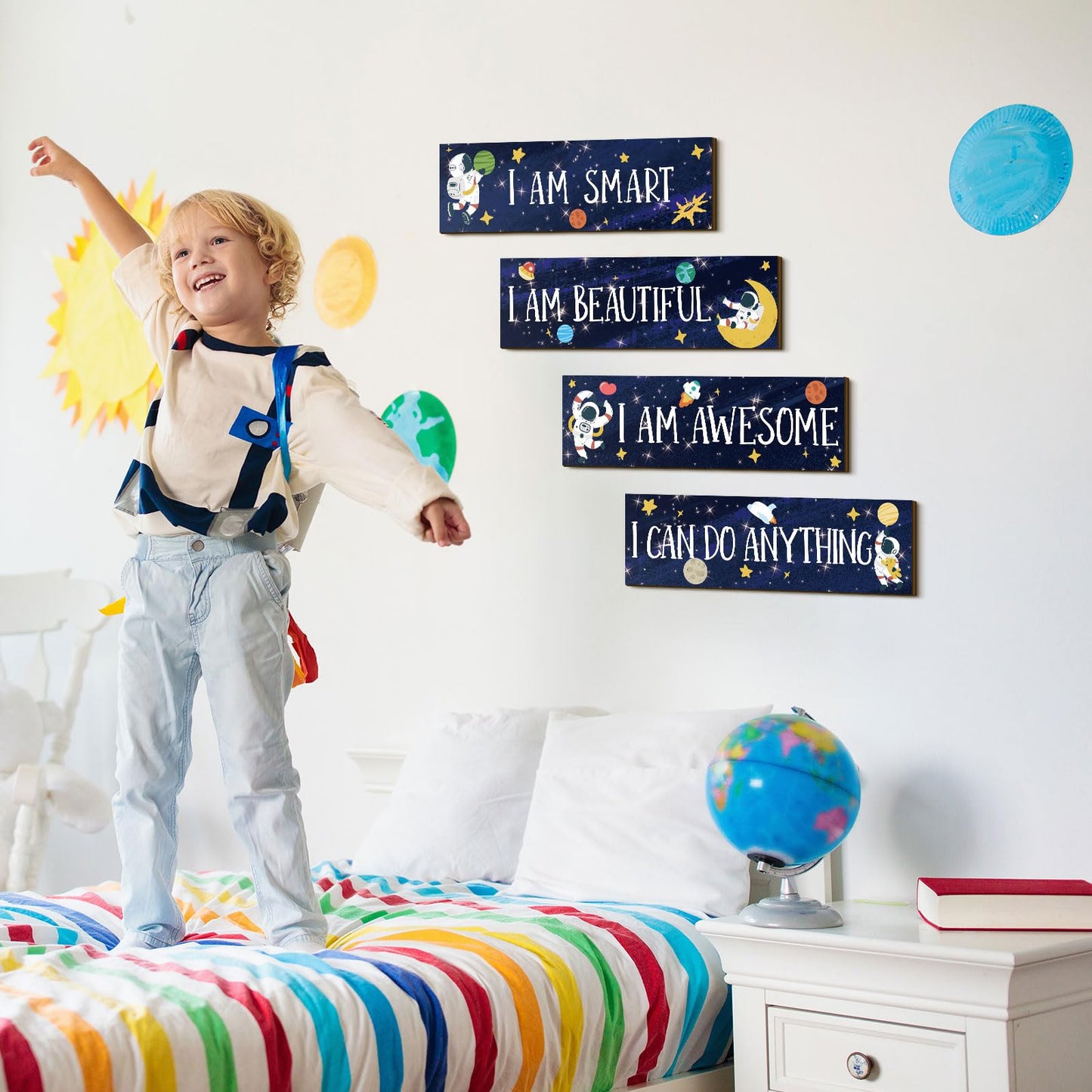 Yookeer 4 Pcs Space Room Decor for Kids Boys Outer Space Wall Art Bedroom Decor for Nursery Classroom Astronaut Galaxy Posters Spaceman Wood Sign Be Brave and Be Kind for Baby Boy(I)