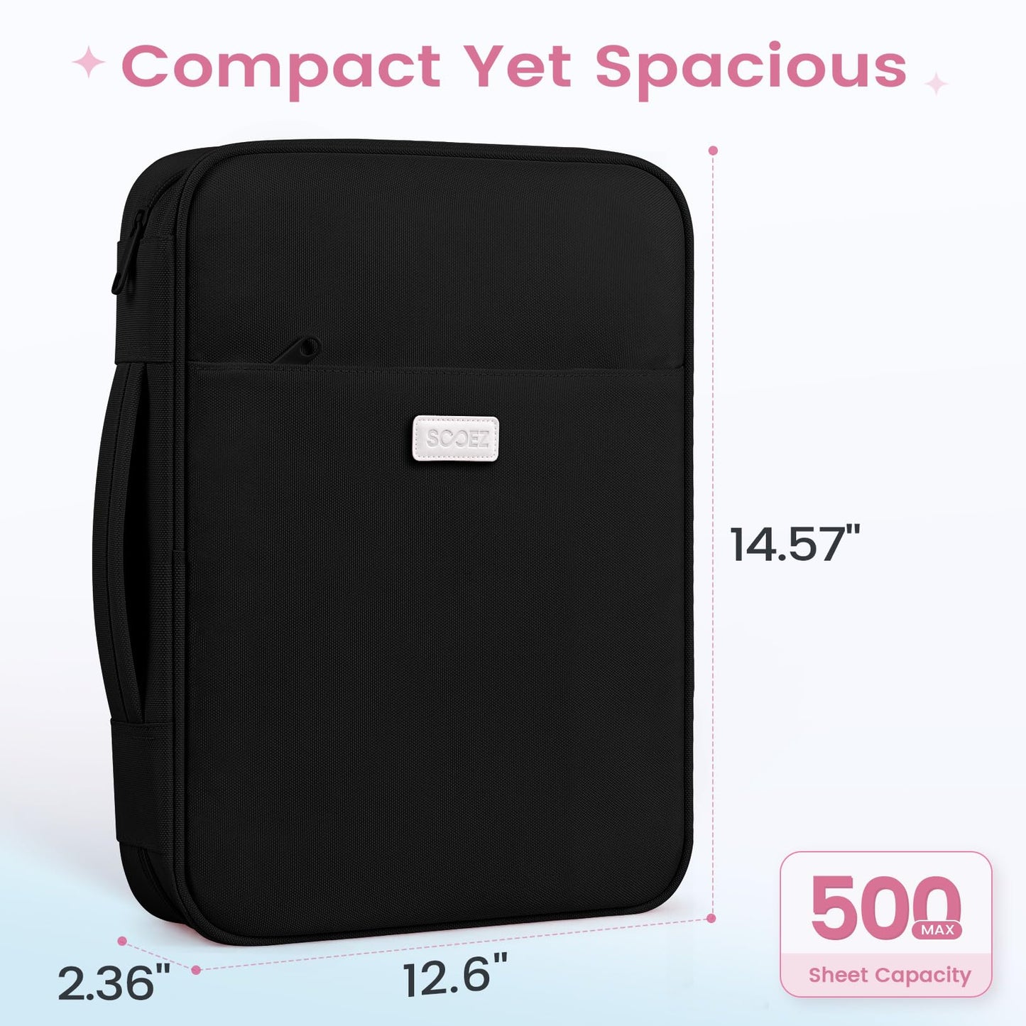 Sooez Zipper Binder Bag, 1.5 Inch Binders 3 Ring O-Ring, 5-Tab Dividers Expanding File Folder, 500-Sheet Capacity Three Ring Binder, Cute Organizer Storage for Student School Classroom Supplies, Black