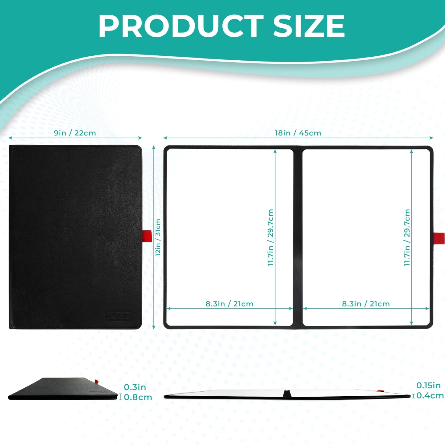 iNenya Double-Sided White Board 12x9 inch - Ultra-Thin 0.3" Portable Dry Erase Board with 3 Markers & Anti-Ghosting Surface | Magnetic-Ready | Foldable for Office, School, Travel, Homeschool (Black)