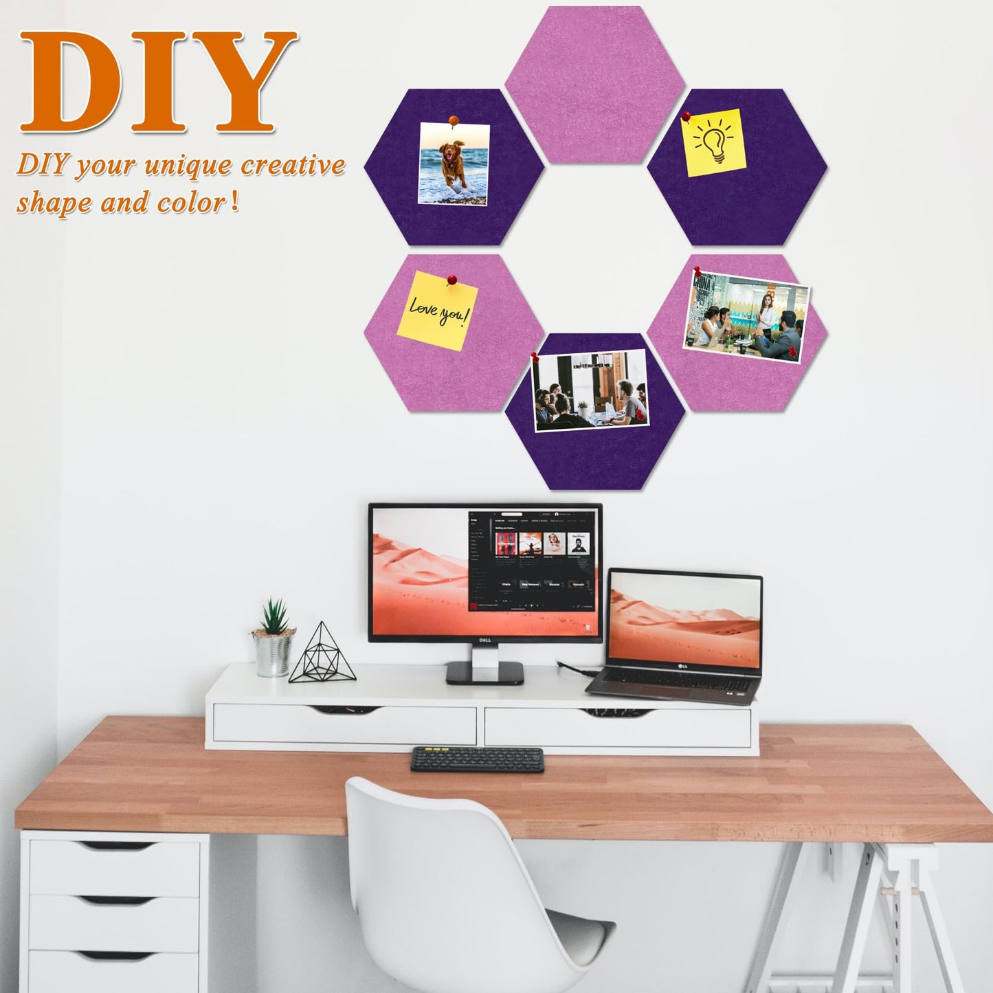 HULAVO Large Hexagon Felt Cork Board Tiles, Self Adhesive DIY Felt Bulletin Board Pin Board with 35 Pushpins for Office School Home Wall Decor(Purple+Light Purple)