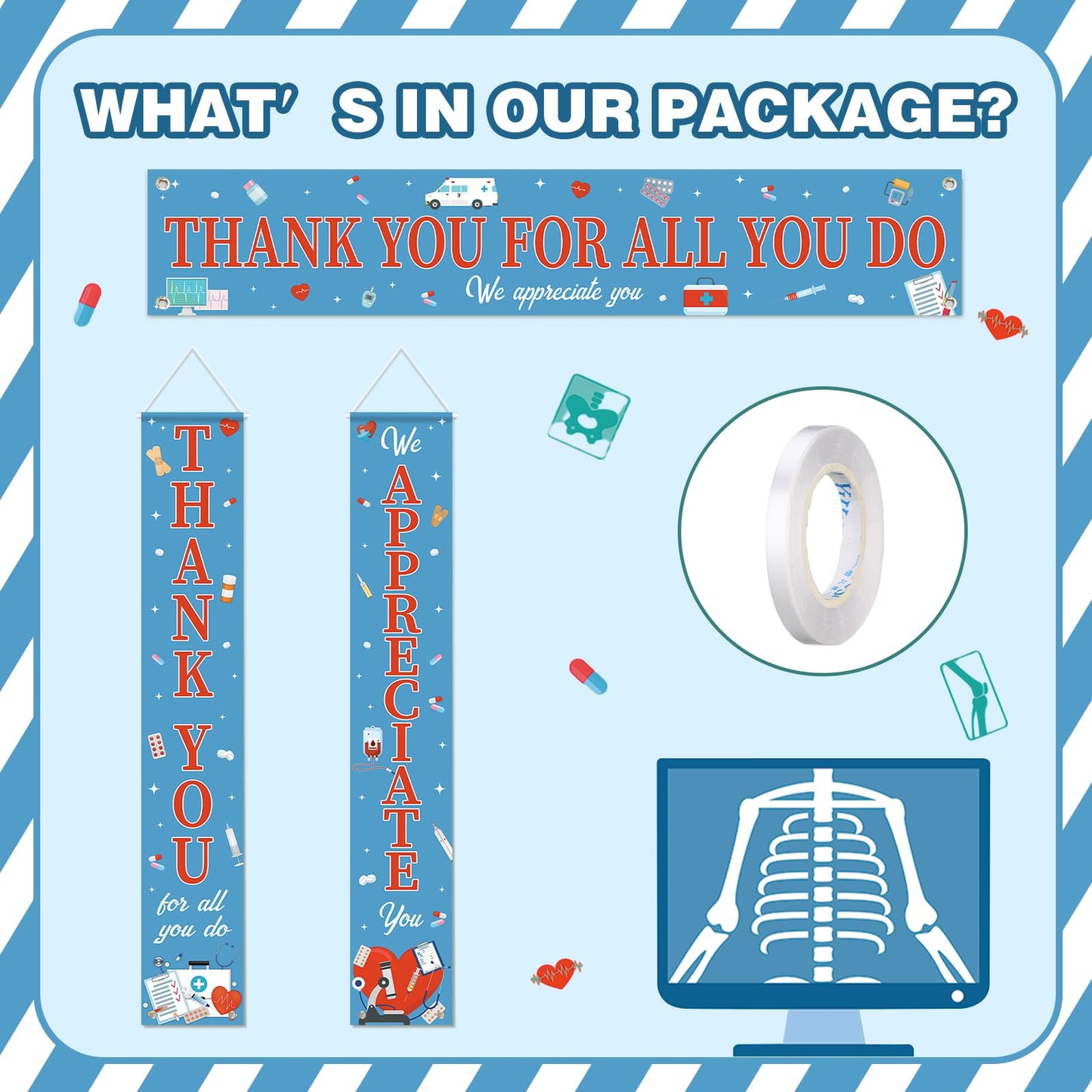 Fanfanwin 3 Pcs Thank You Nurse Doctor Banner We Appreciate Medical Decoration Thanks for All You Do Nurses Backdrop for Nursing RN Celebration Red Blue Hospital Healthcare Retirement Supplies