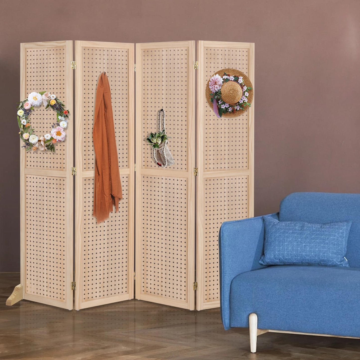 Bonnlo 4 Panel Pegboard Freestanding, 5 FT Portable Display Board Organizer for Craft Show Jewelry, Wooden Folding Privacy Screen Room Divider (with Base, Natural)