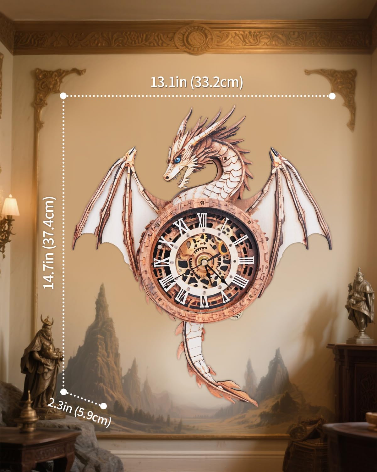 Rnfinewow 3D Puzzles for Adults, 3D Puzzle Dragon Clock Kit (with Pendulum), Wooden Puzzles for Adults Home Wall Decor Dragon Clock Christmas Day Puzzle Gifts for Men Women