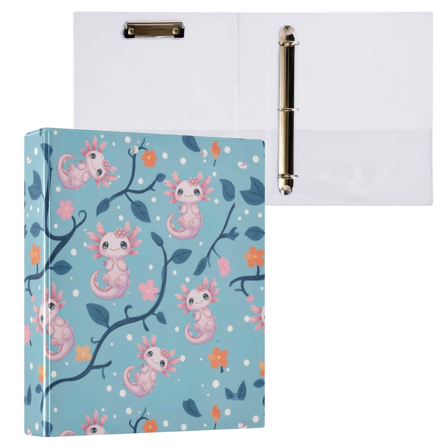 Cute Pink Axolotl Round Ring Binders 1.5 Inch Aquatic Plant Amphibian Blue 3 Ring Clipboard Binder for Office School Work Supplies File Folder 200 Sheet Capacity