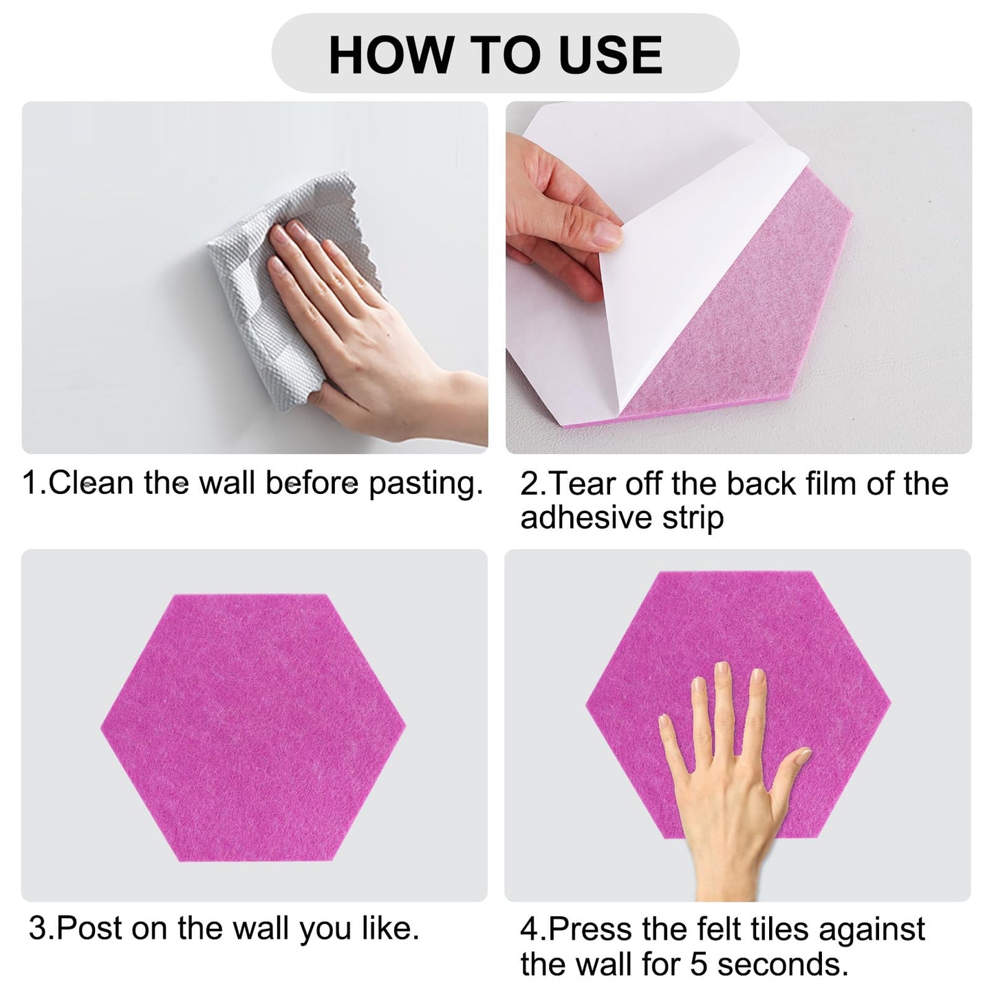Vuzvuv 8 Pcs Hexagon Bulletin Board with 50 Pushpins & 10 Wooden Clip Pins Adhesive Cork Board for Wall，Felt Pin Board for School，Office Decor（Deep Purple）