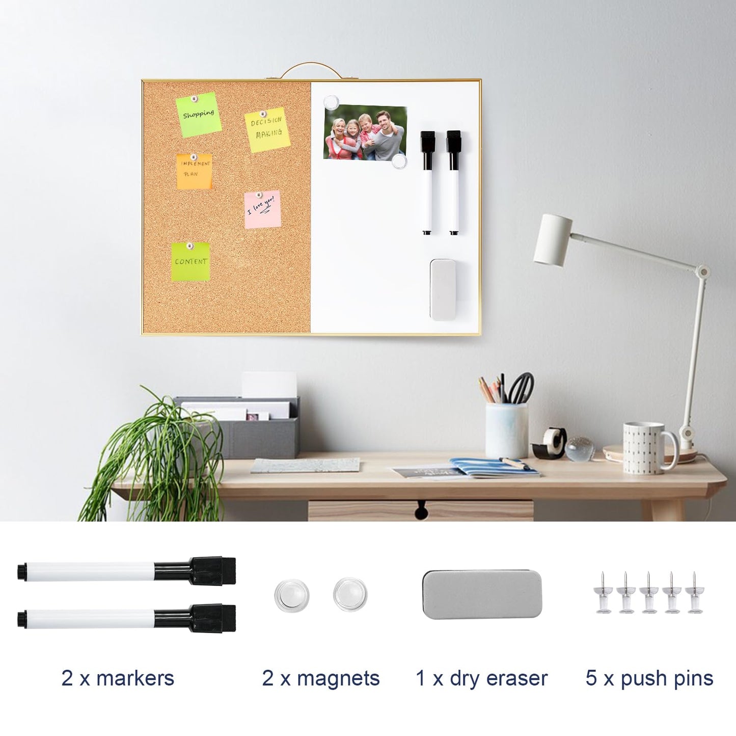 TSJ OFFICE Small Combination Board - 12" X 16" Portable Aluminum Gold Framed Magnetic Dry Erase Board for Wall, Small Bulletin Cork Board with Holder for Office, Home and School