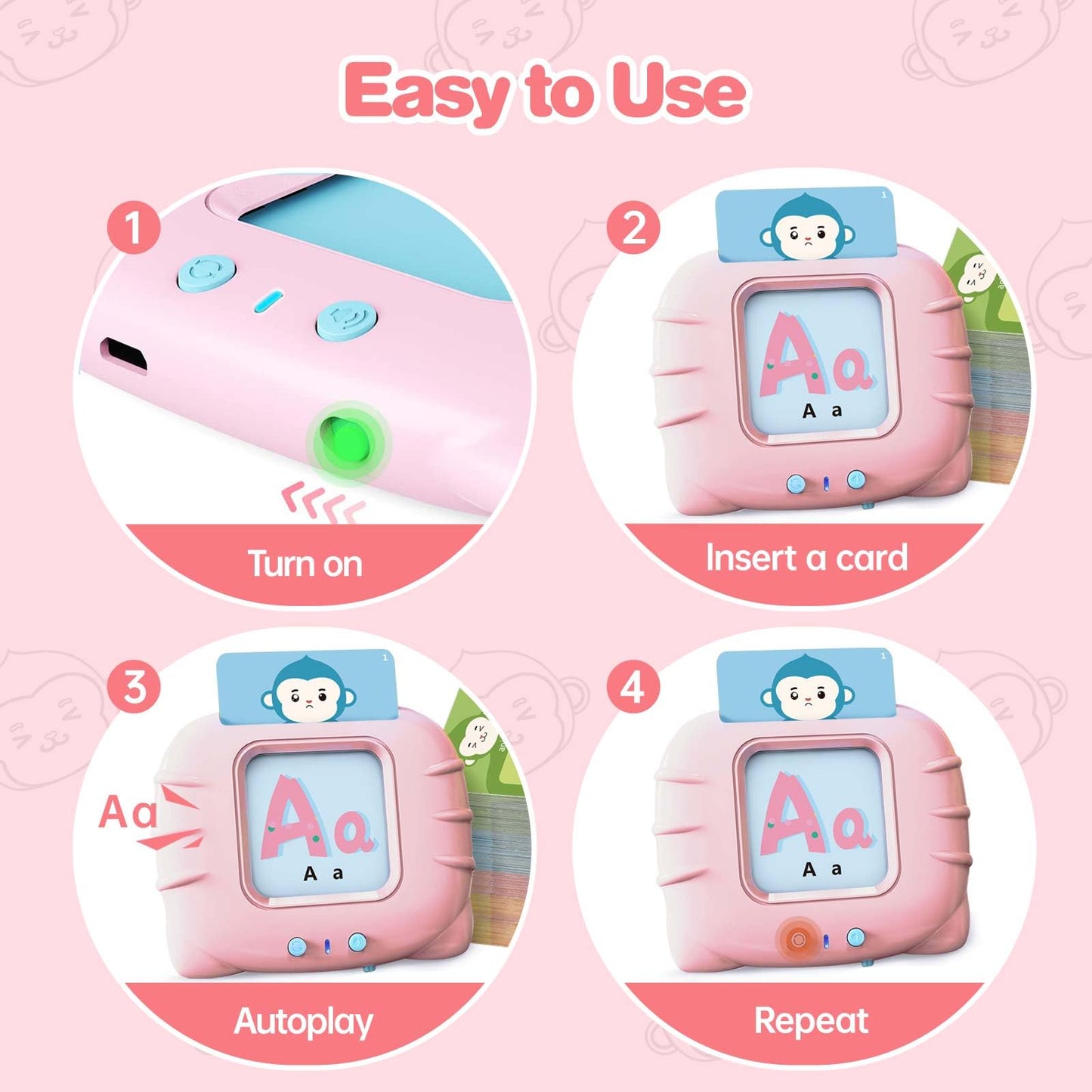 U-LEARNER Toddler Gifts Talking Flash Cards for 1 2 3 4 5 Year Old Boys and Girls, Autism Sensory Toys for Autistic Children, Learning Educational Montessori Speech Therapy, 296 Pro Words Pink