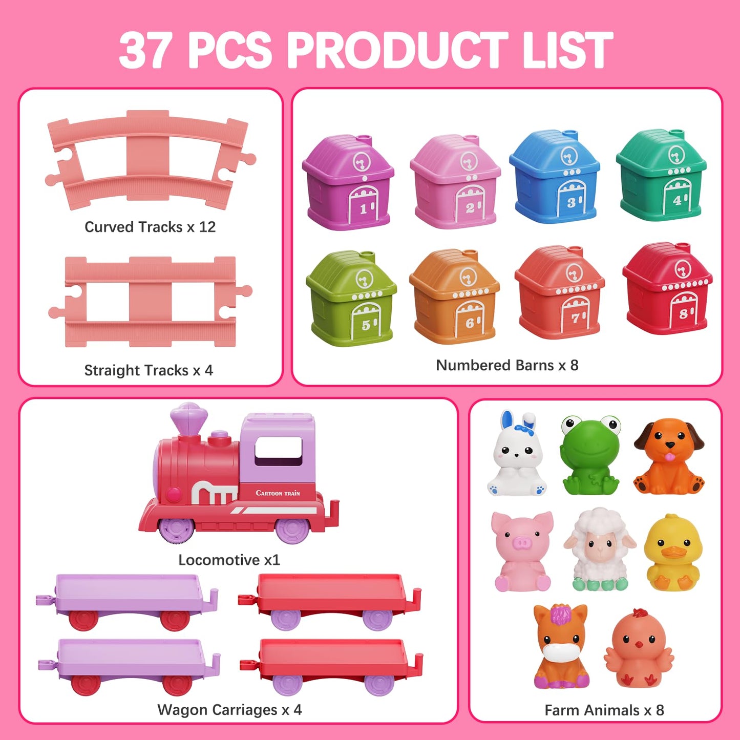 Train Set Toy Toddlers for 1-3 Learning Toy for Ages 1 2 3,Montessori Learning Matching & Sorting Toys,Christmas Birthday Gift Boys Girls (Pink)