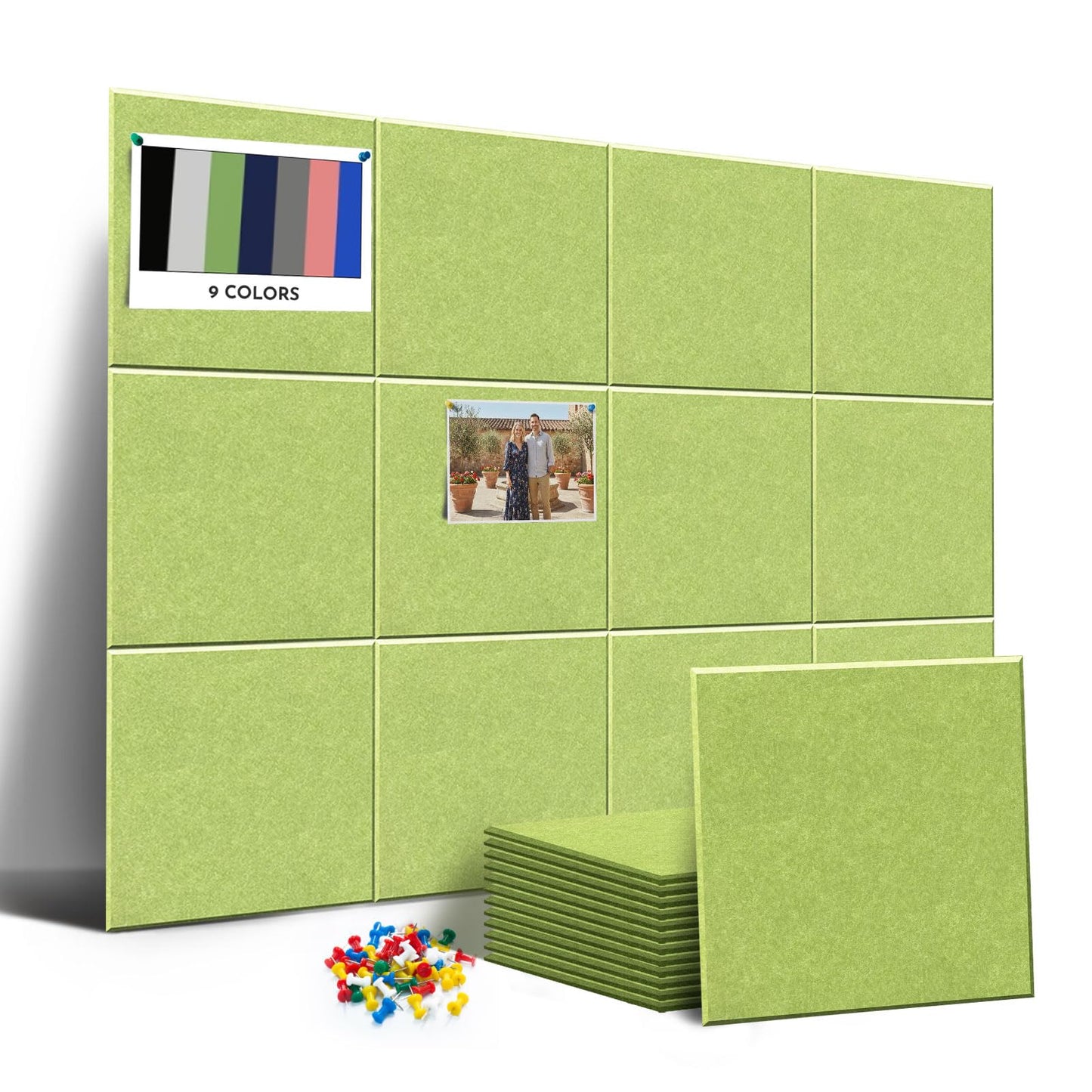 MISSDAY Green Acoustic Wall Panel Large Felt Bulletin Board 48" x 36" Cork Board for Wall, 12-Pack Boards with 72 Adhesive Tabs, 50 Pins, Pin Board for Home Office Classroom Soundproof Wall Tile
