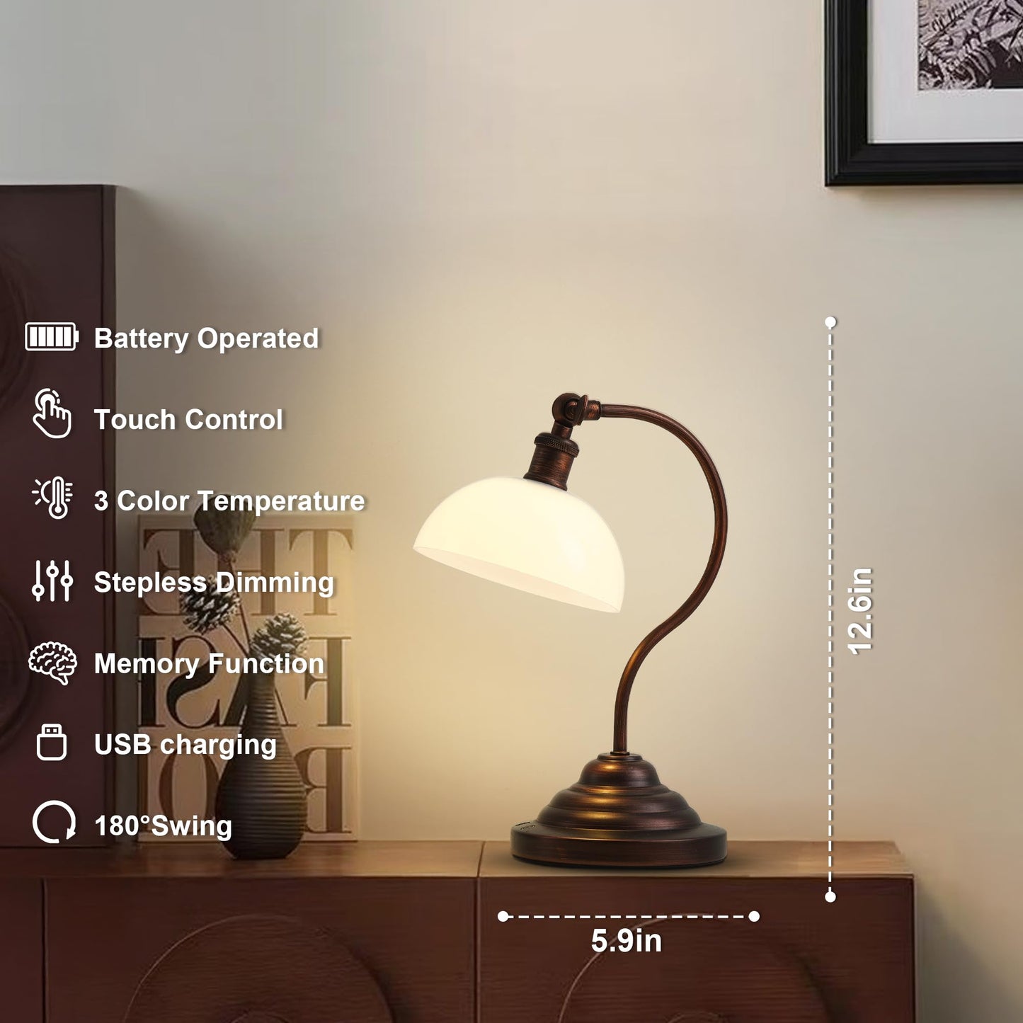 KARTOOSH Cordless LED Desk Lamp, Dimmable 3 Color, Rechargeable, 180? Swing Arm, Oil Rubbed Bronze, Model RS329BBR-1A