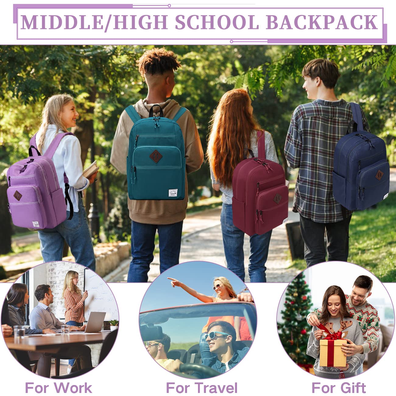 VASCHY School Backpack for Women, Unisex Large Bookbag Schoolbag Casual Daypack for High School/College/Teens/Travel/Work Purple