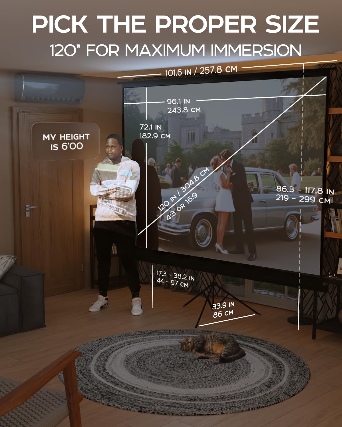 PropVue Projector Screen with Stand 120 inch - Indoor and Outdoor Projection Screen for Movie or Office Presentation - 4:3 HD Premium Wrinkle-Free Tripod Screen