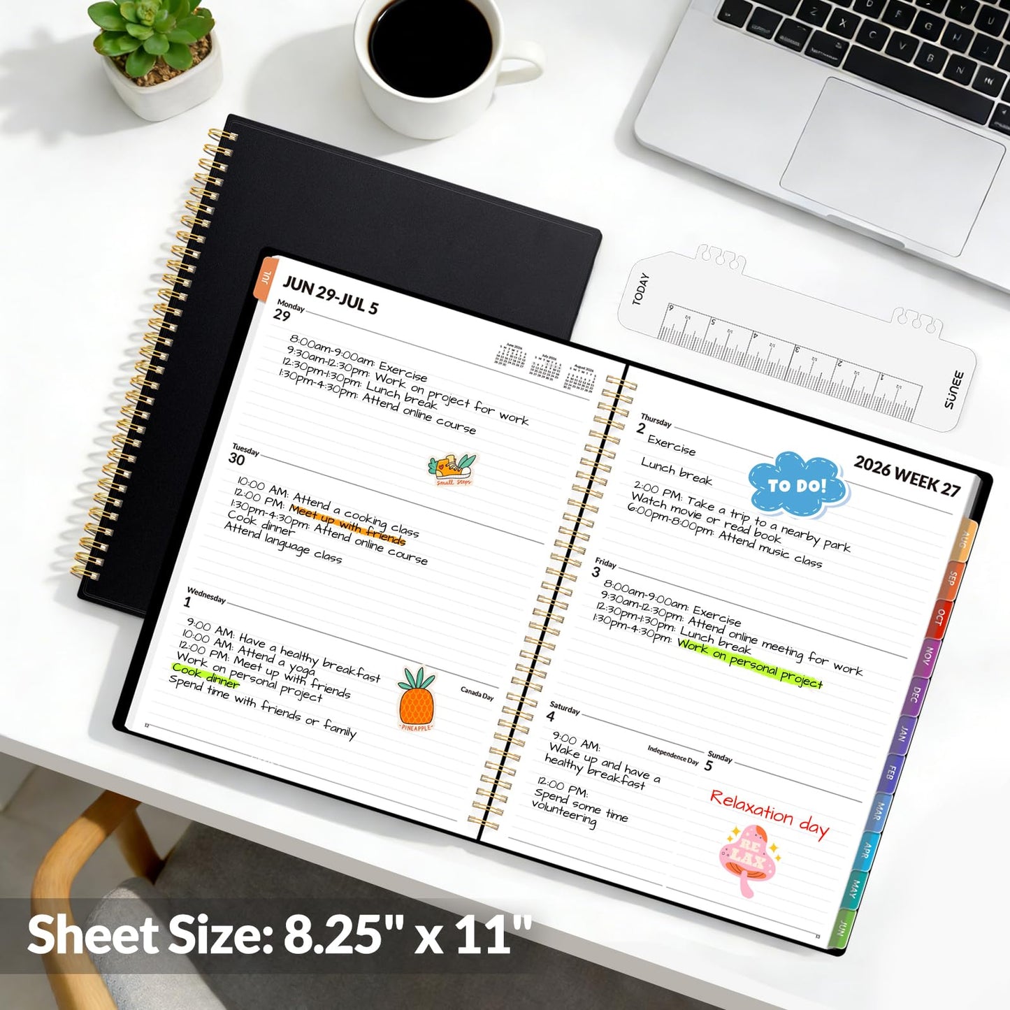 SUNEE Academic Planner 2026-2027 – Weekly & Monthly Planner, July 2026 to June 2027, 8.5"x11", Thick Paper, Tabs, Pockets, Bookmark, Spiral-Bound, Student Teacher Organizer, Black