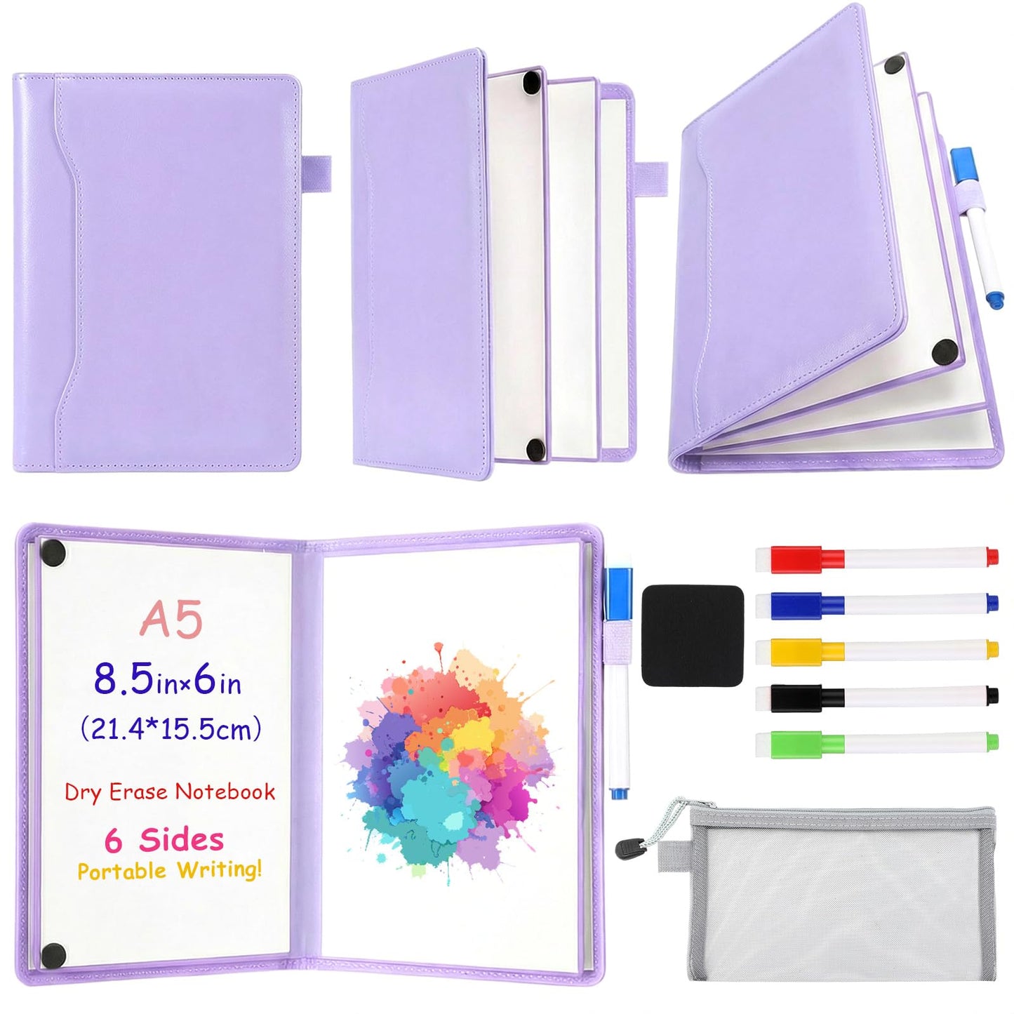 Feifeiya 6 Sides Dry Erase Notebook Portable White Board 9"x6"(a5) Travel Dry Erase White Board Notebook Foldable Anti-ghosting Surface for Office, School, Study, Travel & Business Meeting Planning