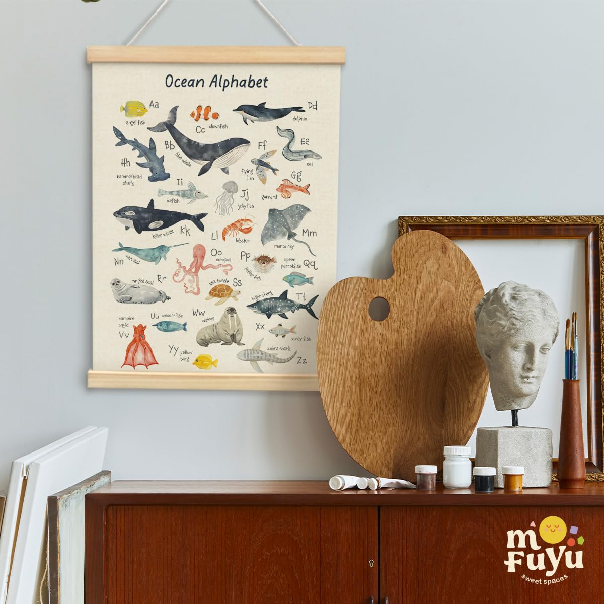 MOFUYU Ocean Nursery Decor,Ocean Alphabet Poster for Classroom Wall,ABC Posters Hanger Frame for Kidsroom,Nursery,Classroom,Kindergarten 12x16 Inch