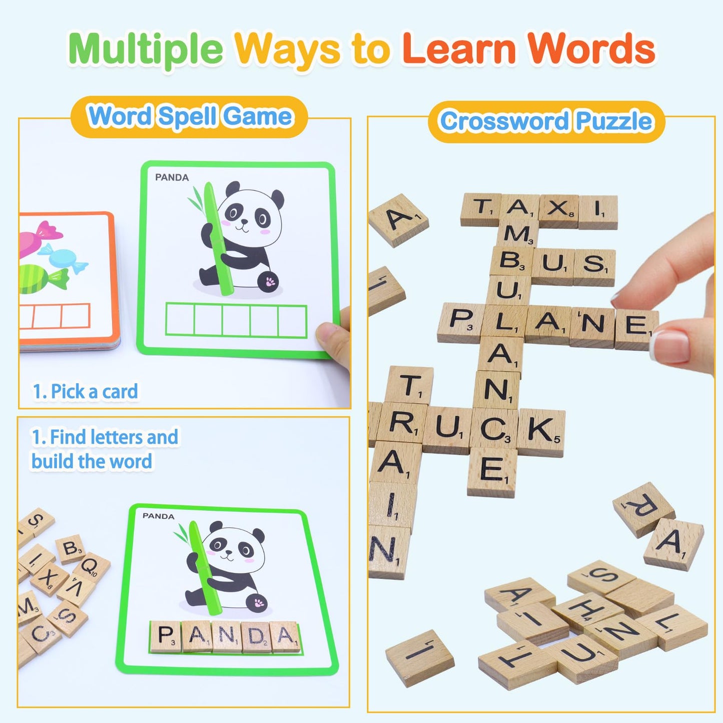 Humerry Spelling Game for Kids Ages 3-8, Word Building & Sight Word Games, Phonics Learning Toy with 100 Wooden Letter Tiles & 30 Double-Sided Flashcards, Preschool Kindergarten Early Reading Game