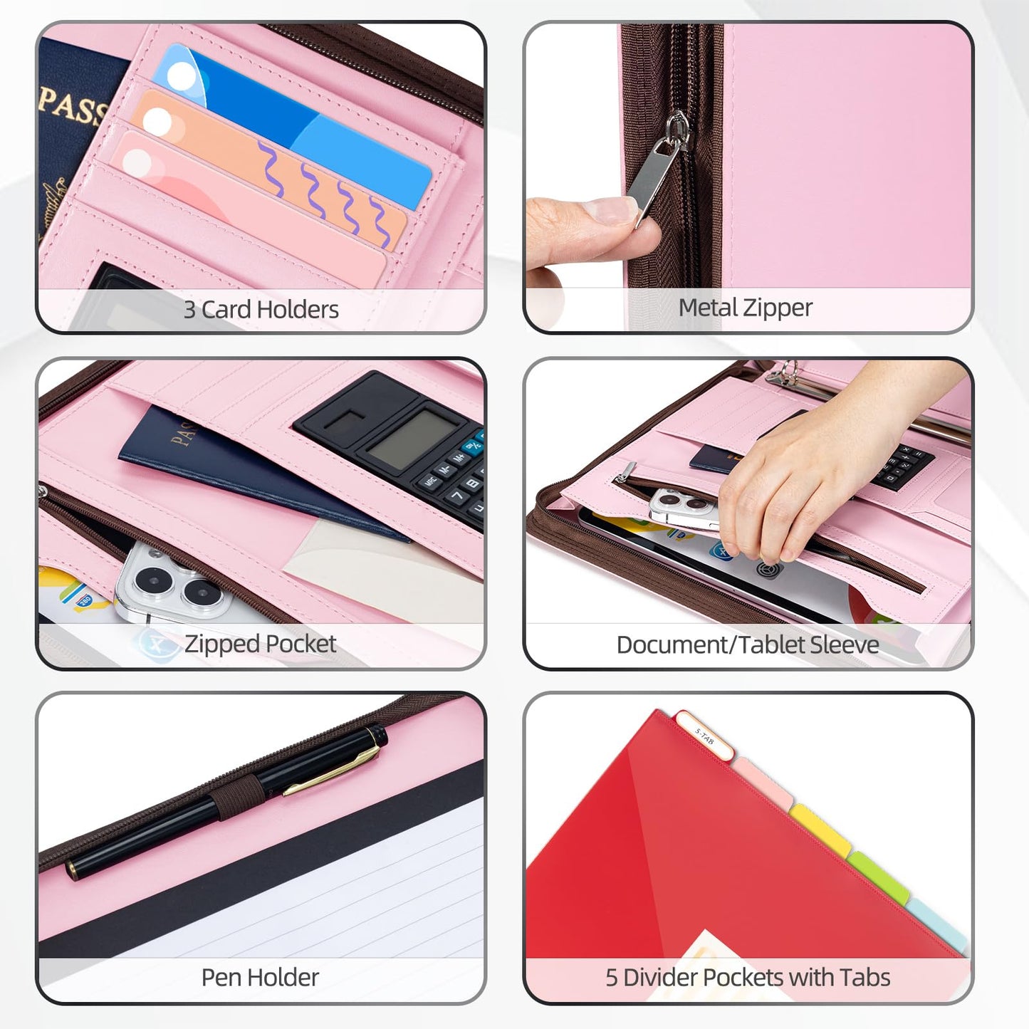 Ospelelf Pink Leather Portfolio Binder 3 Ring, Zippered Clipboard Folder with Storage - 5 Dividers with Pocket, Padfolio for Women,12.1” Tablet Sleeve, Refillable Notepad, Card Slot