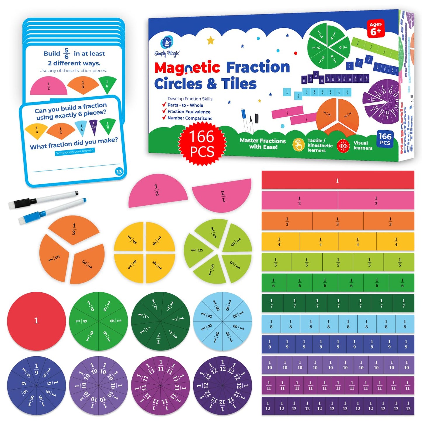178 PCS Magnetic Fraction Circles & Fraction Tiles - Magnetic Fraction Strips & Bars Fraction Magnets Set Kit, Fraction Manipulatives Class Set, Fractions for Kids, Math Manipulatives - Simply Magic