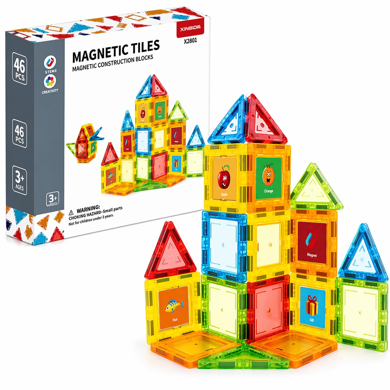46 PCS Magnetic Tiles Kids stem Building Toy Preschool Learning Blocks Construction Magnet Gift Toddler Aged 3+