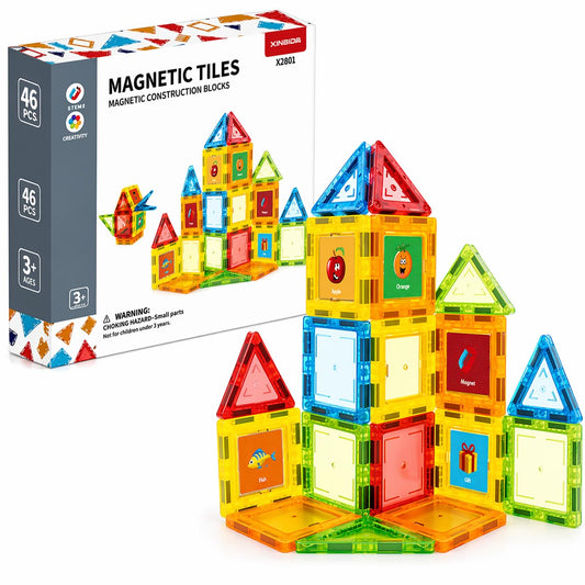 46 PCS Magnetic Tiles Kids stem Building Toy Preschool Learning Blocks Construction Magnet Gift Toddler Aged 3+