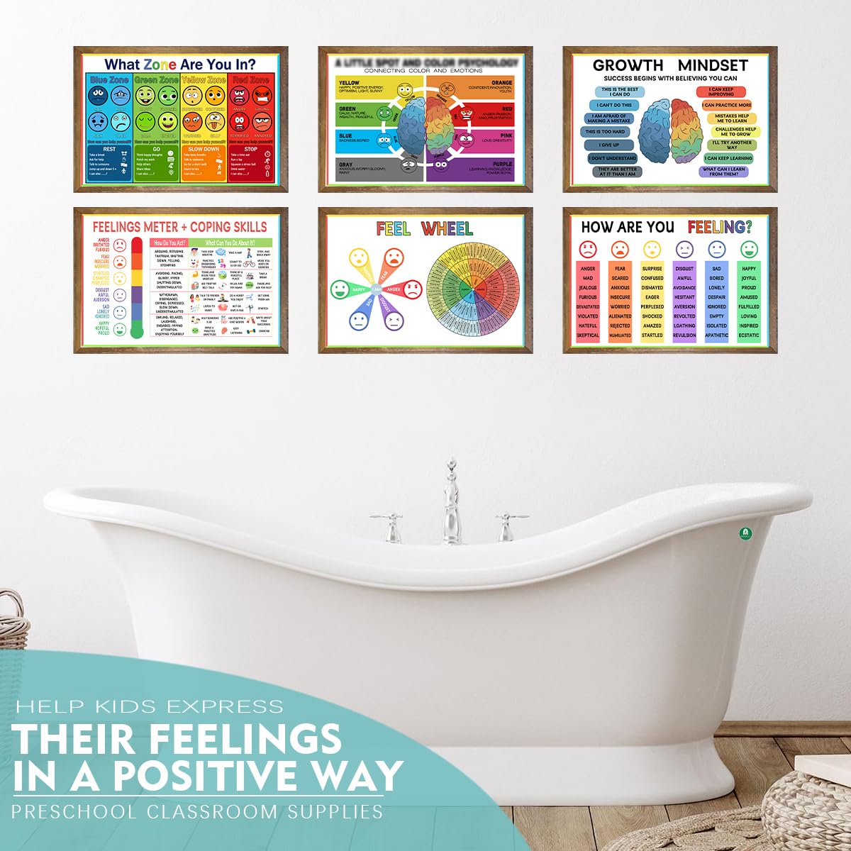 6 Zone of Self-Regulation Bulletin Board Set, Feeling Chart for Kids, Emotional Regulation Poster for Bedroom Decor Classroom Office Room Decor Set of 6 (12x18 Inch)
