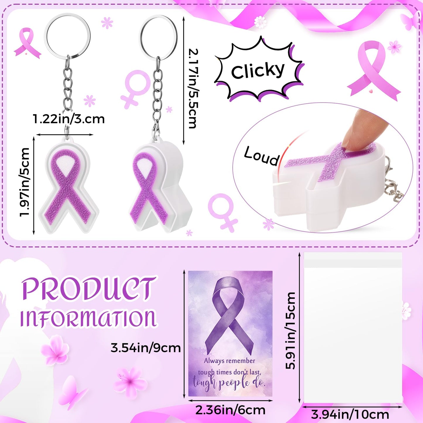 Gerrii 24 Sets Purple Ribbon 3D Fidget Keychains Lupus Awareness Products with Inspirational Cards 3D Press Stress Relief Sensory Gifts for Epilepsy, Alzheimer, Lupus Charity Event Gifts(Purple )