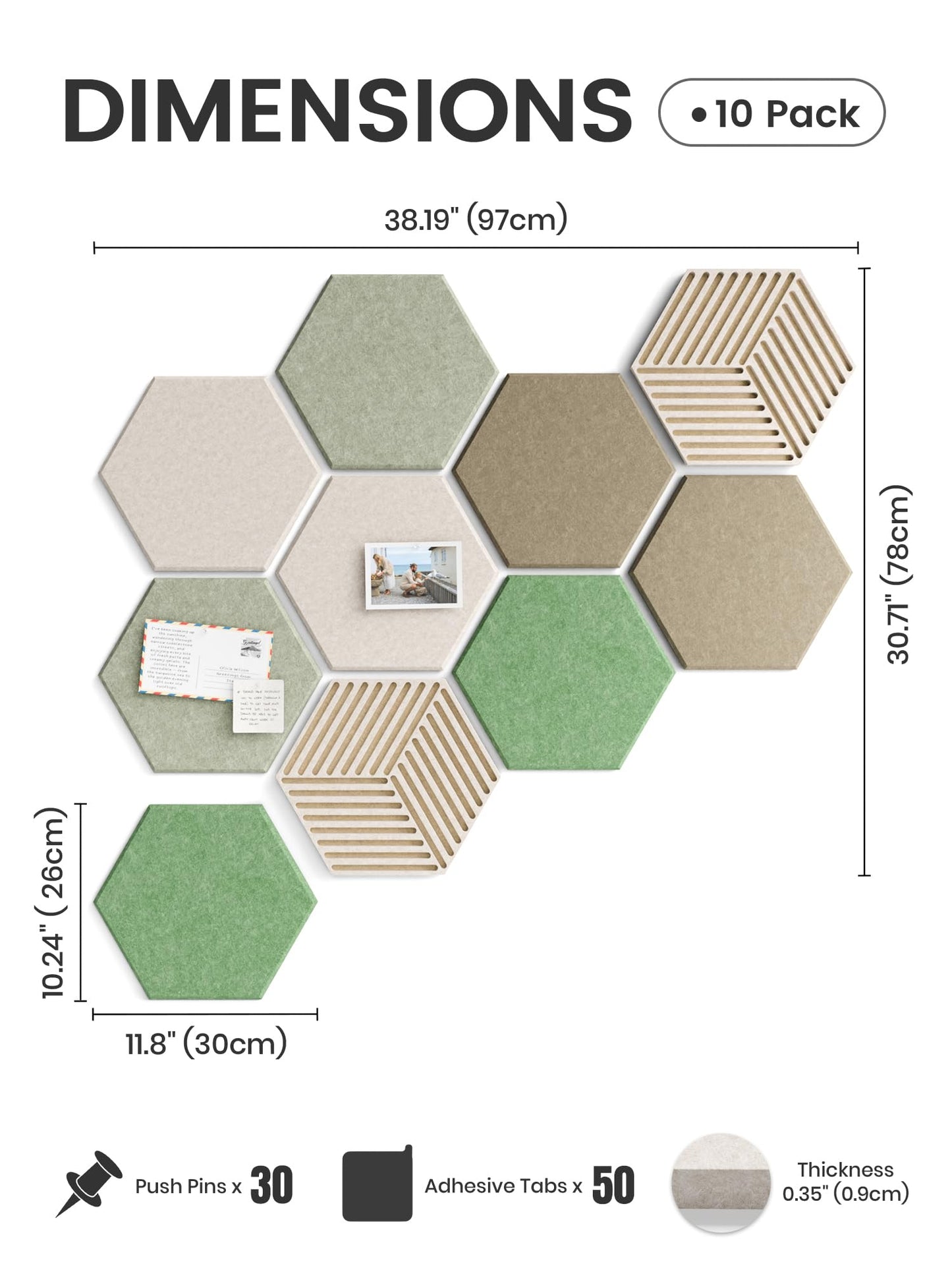 Fluxynara Hexagon Cork Board Alternative for Walls Decor-10-Pack Felt Bulletin Board Tiles,with 30 Pushpins,50 Adhesive Tabs for Office,Classrooms & Home Pin Board Felt Board-Moss Haven