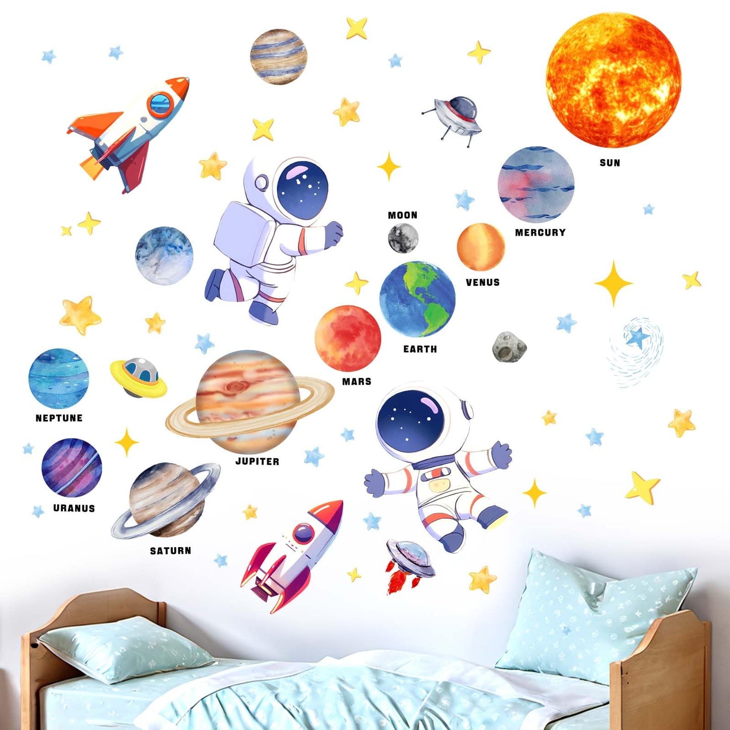 Outer Space Wall Stickers for Kids: Peel and Stick Astronaut Planets Rocket Wall Decals - Wall Art Decor Kids Supplies Ages 1 2 3 4 5 6 7 8 9 10 11 12 Year