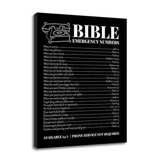 Bible Emergency Numbers Inspirational Canvas Wall Art Christian Wall Decor Print Poster Vintage Motivational Picture for Office Living Room Church Room Artwork Stretched and Framed [18''Wx24''H]