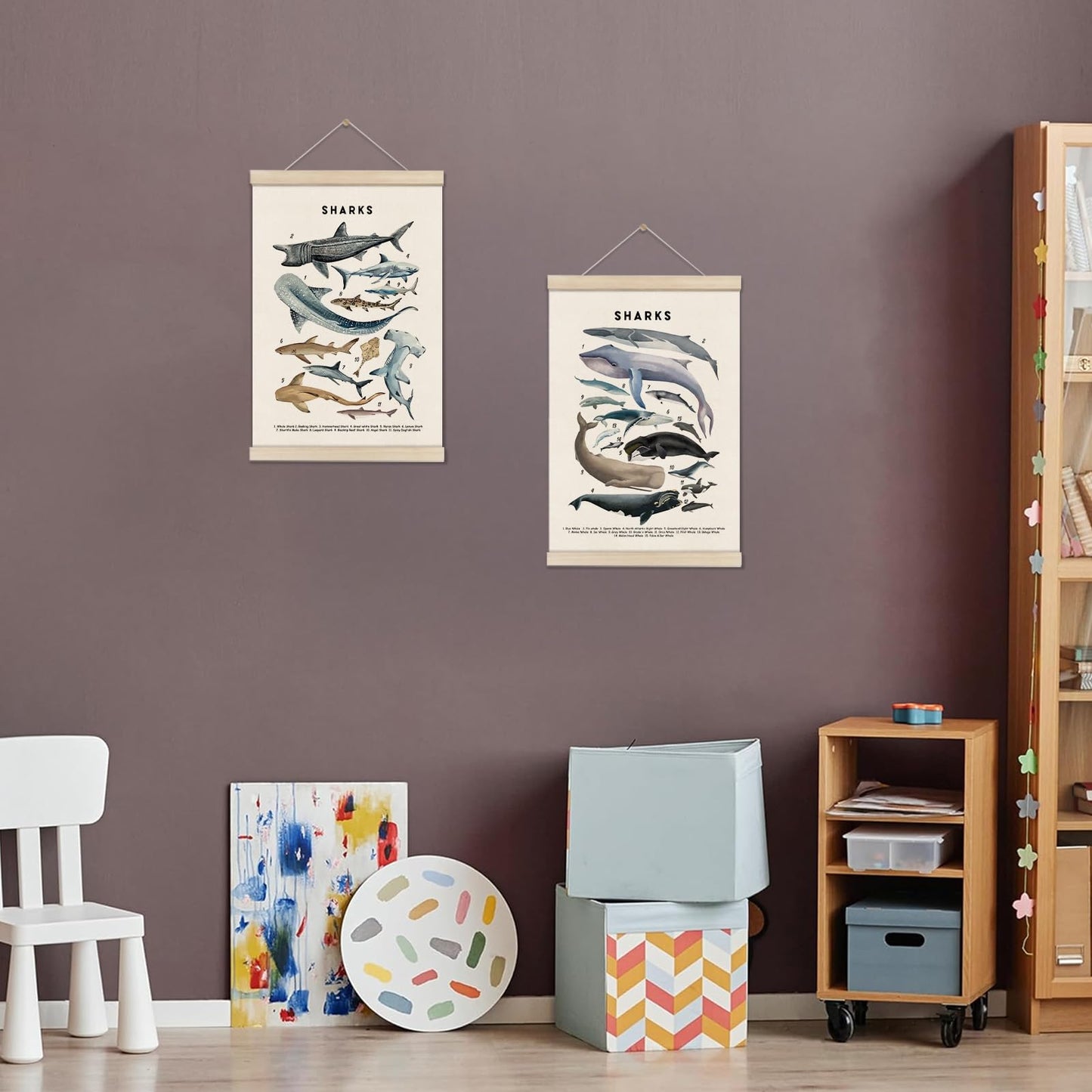 DOI-LANEE Shark Poster Hanger Frame, Set of 2 Shark Canvas Wall Art 16x12 Inch, Kids Educational & Learning Posters, Ocean Room, Sea Animal Decor for Playroom Classroom, Ocean Animals Wall Decor