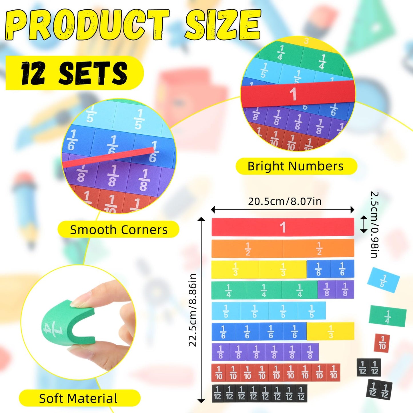 Sayglossy 12 Sets Fraction Tiles Sets for Math Fraction Manipulatives Montessori Math Materials EVA Foam Algebra Tiles Games for Classroom Teaching Aids, Homeschool Supplies